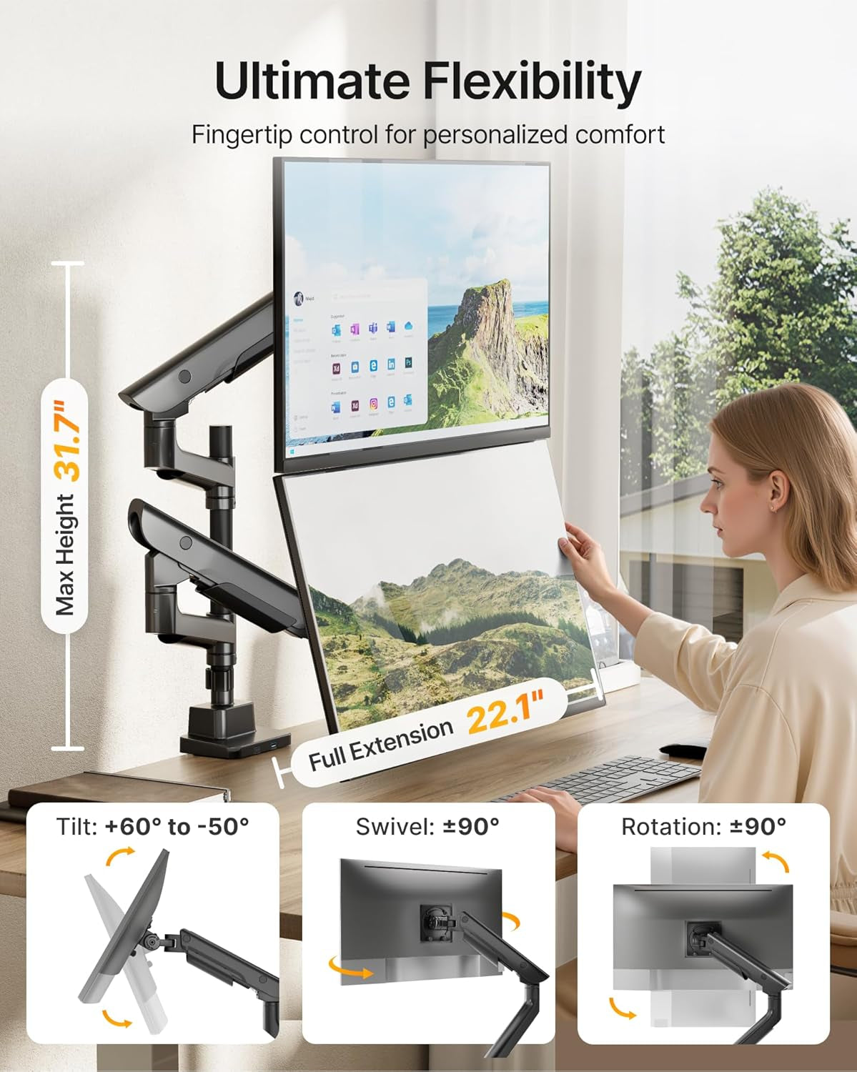 Sleek Aluminum Monitor Arm for 17–57” Ultrawide Screens up to 59 Lbs, USB 3.0 A/C, Heavy Duty Dual Monitor Arm Desk Mount, Pneumatic Lift, Quick-Release Plate, Clamp/Grommet, Max VESA 100X100
