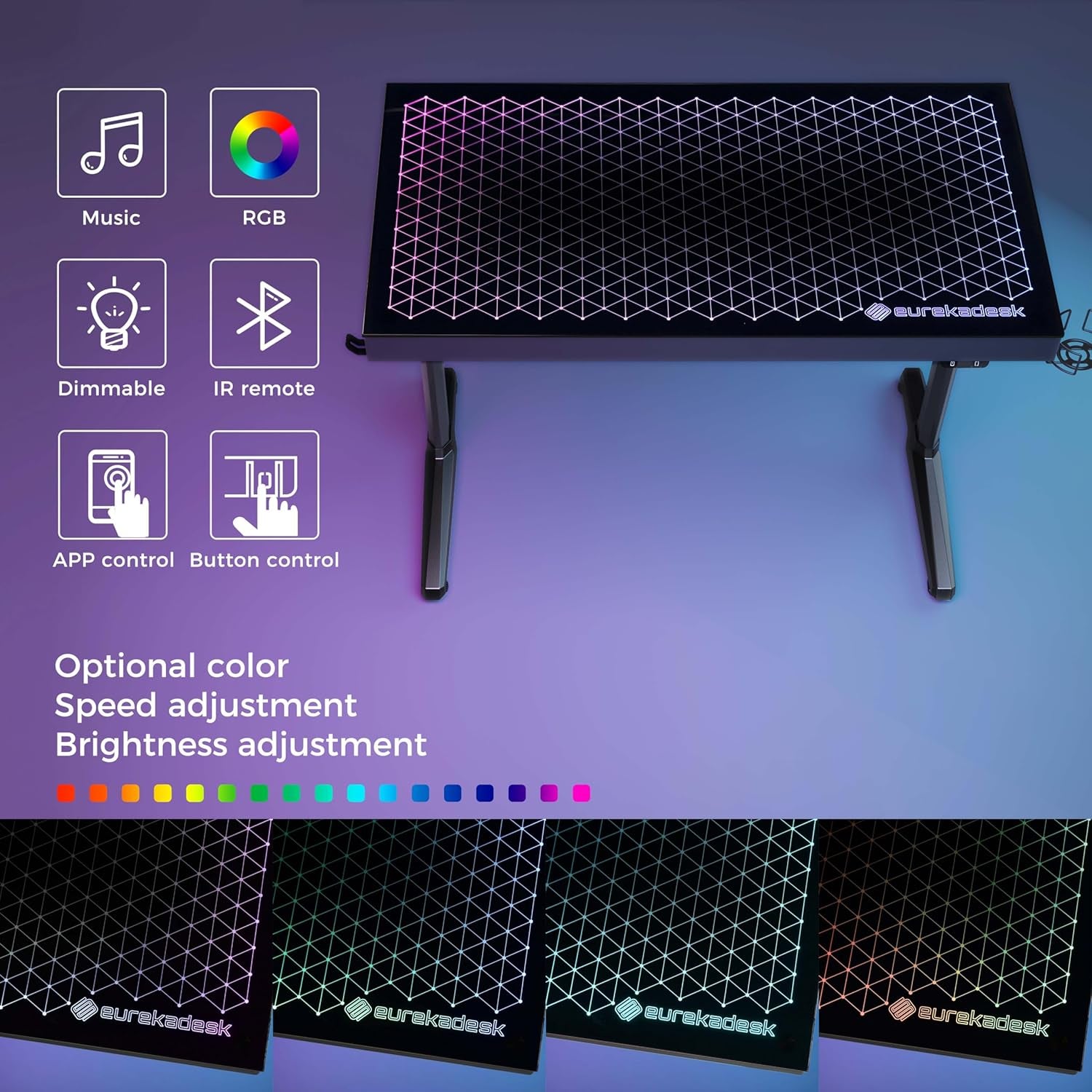 RGB LED Gaming Desk, Music Sync Lights up Tempered Glass Desktop, 43" GTG I43 Home Office Computer Table W Controller Rack 4 USB Charging Ports, APP Control