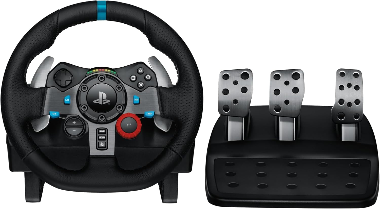 G29 Driving Force Racing Wheel and Floor Pedals, Real Force Feedback, Stainless Steel Paddle Shifters, Leather Steering Wheel Cover for PS5, PS4, PC, Mac - Black