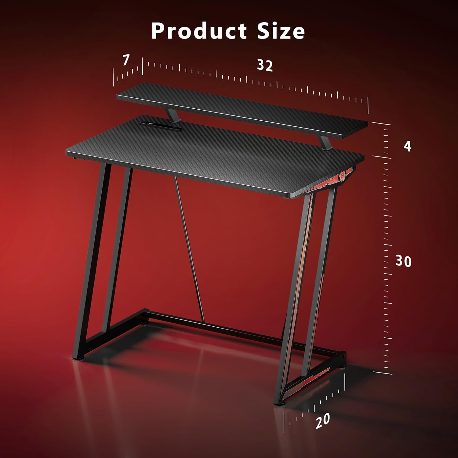32-Inch Small RGB Gaming Desk with LED Lights & Power Outlets|Compact Gaming Table for PC Setup, Carbon Fiber Surface, Monitor Stand|Space-Saving Computer Desk for Esports & Streaming, Black