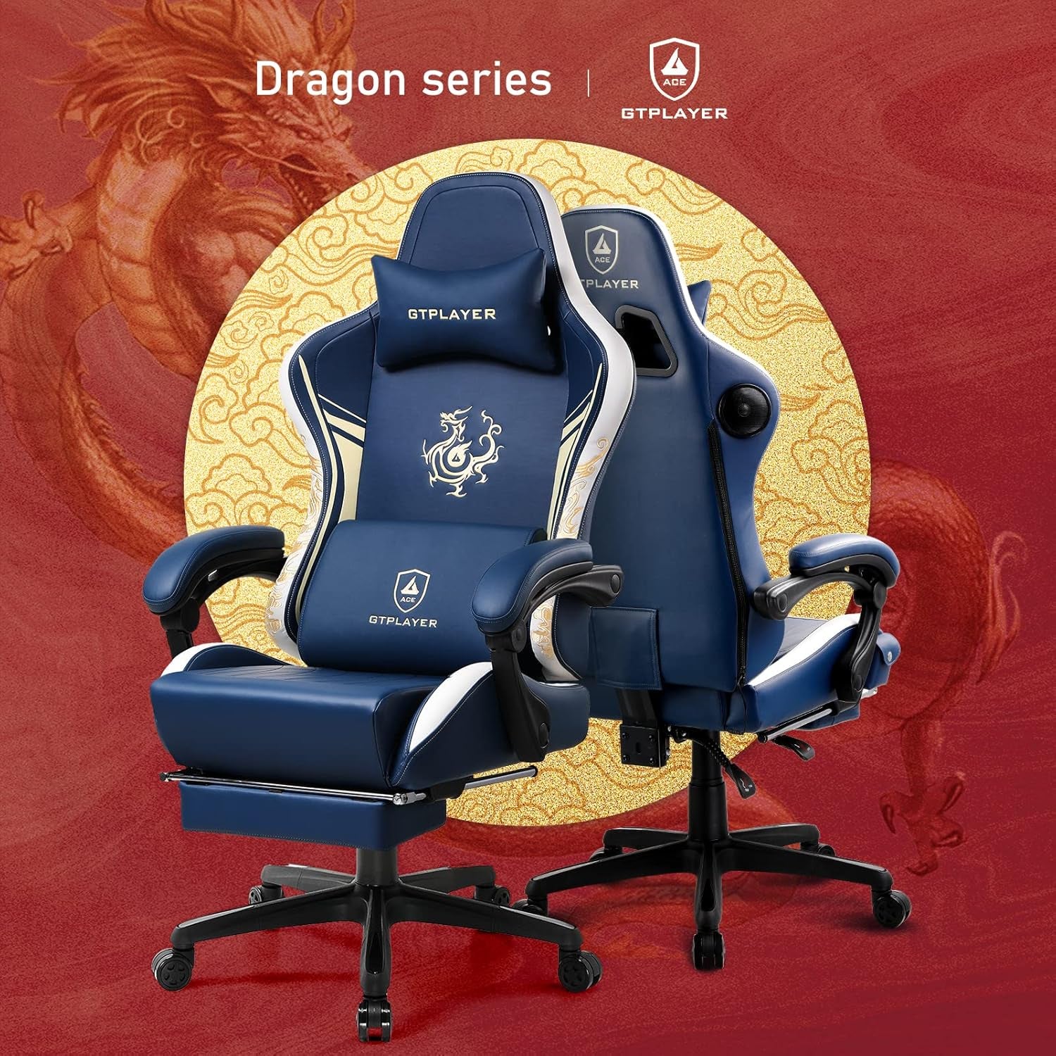 Gaming Chair with Bluetooth Speakers and Footrest, Dragon Series Video Game Chair ，Heavy Duty, Ergonomic, Esports Computer Office Chair Blue (Royal Blue)