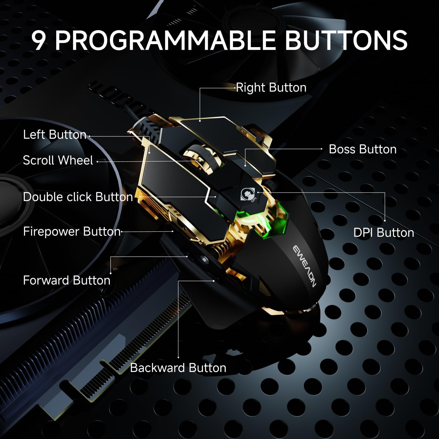 G5 Wired Gaming Mouse, Ergonomic RGB Computer Mouse, 12800 Adjustable DPI, 9 Programmable Macro Buttons with Rapid Fire Key Compatible for Pc/Laptop/Windows- Black&Gold