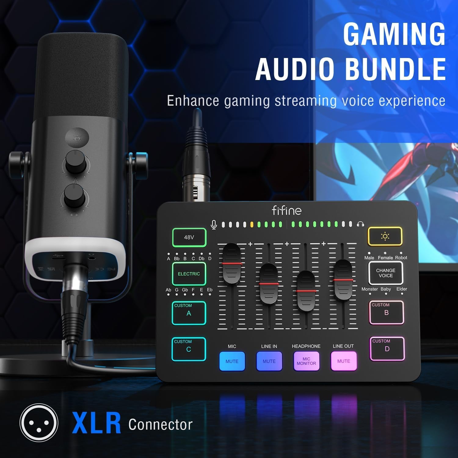 Gaming Equipment Bundle, Dynamic XLR/USB Gaming Microphone Set with Streaming Audio Mixer for Podcast Recording Video Vocal, RGB Gamer Set with Volume Fader/Xlr Interface for Pc-Ampligame KS5