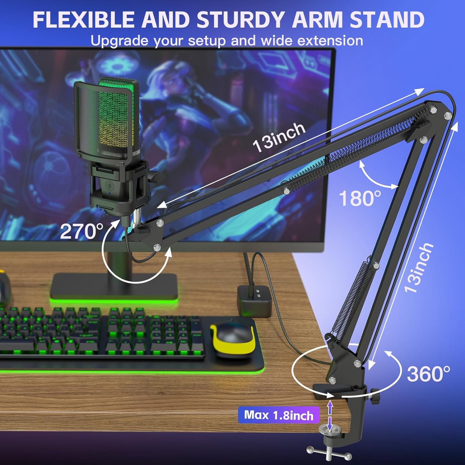 Gaming USB Microphone,Noise Cancellation Condenser Mic,Rgb Microphone with Mute,Gain,Monitoring,Boom Arm,Pop Filter for Phone,Pc,Computer,Ps4,Ps5,Mac,Streaming,Podcast,Twitch,Youtube,Discord