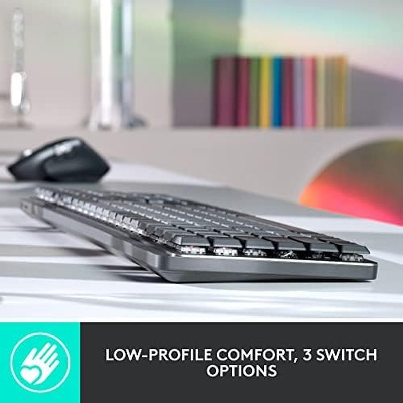 MX Mechanical Wireless Illuminated Performance Keyboard, Tactile Quiet Switches, Backlit Keys, Bluetooth, USB-C, Macos, Windows, Linux, Ios, Android, Metal, ‎Graphite