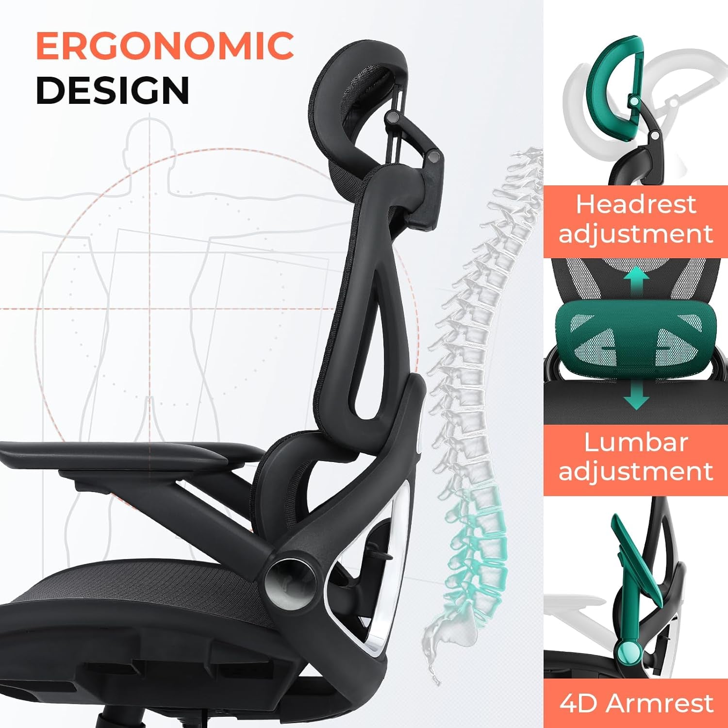 Ergonomic Mesh Office Chair, Adjustable Lumbar High Back Desk Chair 400Lbs, 4D Flip-Up Arms, 3-Level Tilt Backrest, 3D Headrest, PU Wheels, Swivel Rolling Computer Seating for Long Desk Work