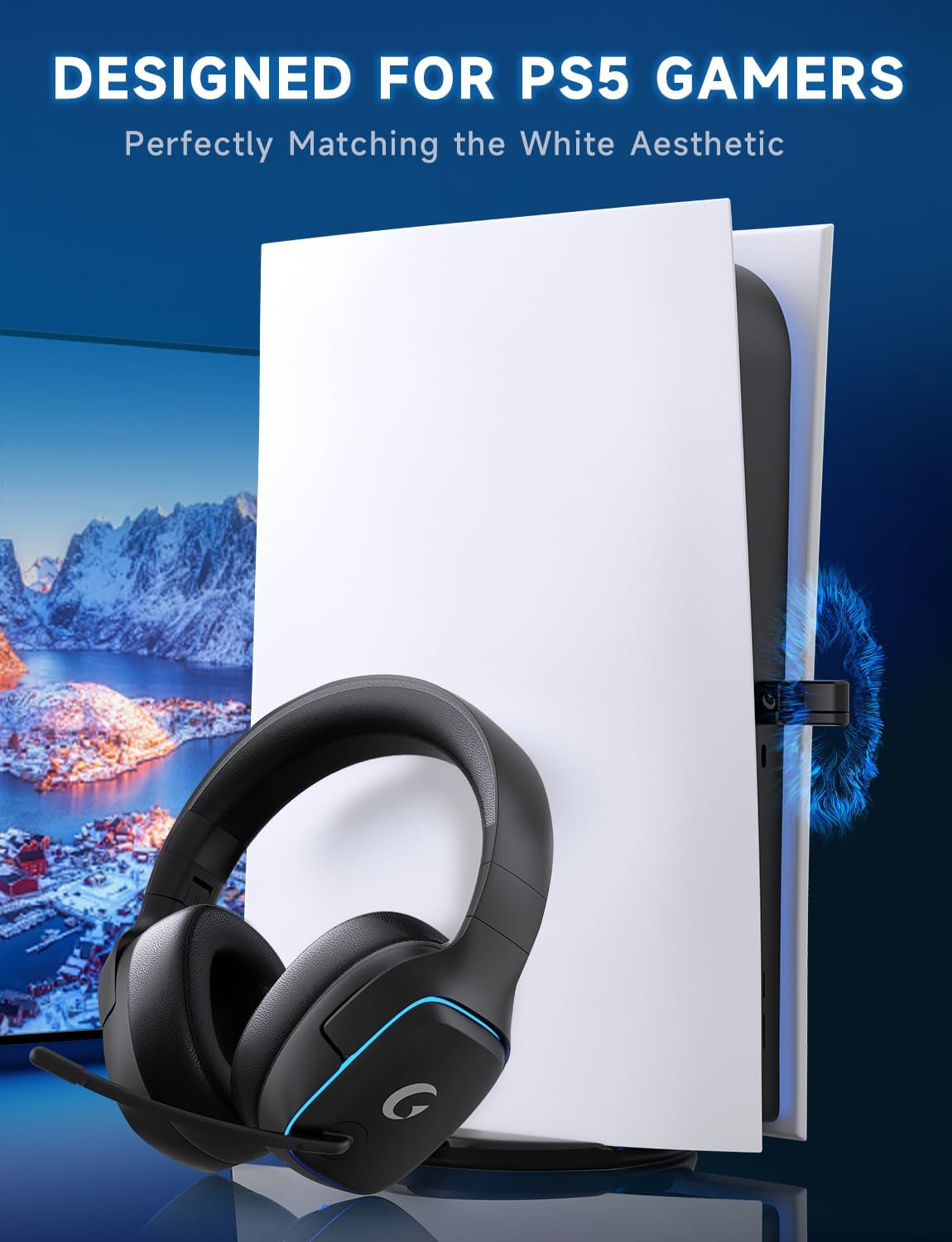 2.4Ghz Wireless Gaming Headsets for PS5, PS4, PC, Switch - Bluetooth 5.3 Gaming Headphones with Noise Canceling Mic, 7.1 Surround Sound, 70H Battery, Blue Lighting - Black