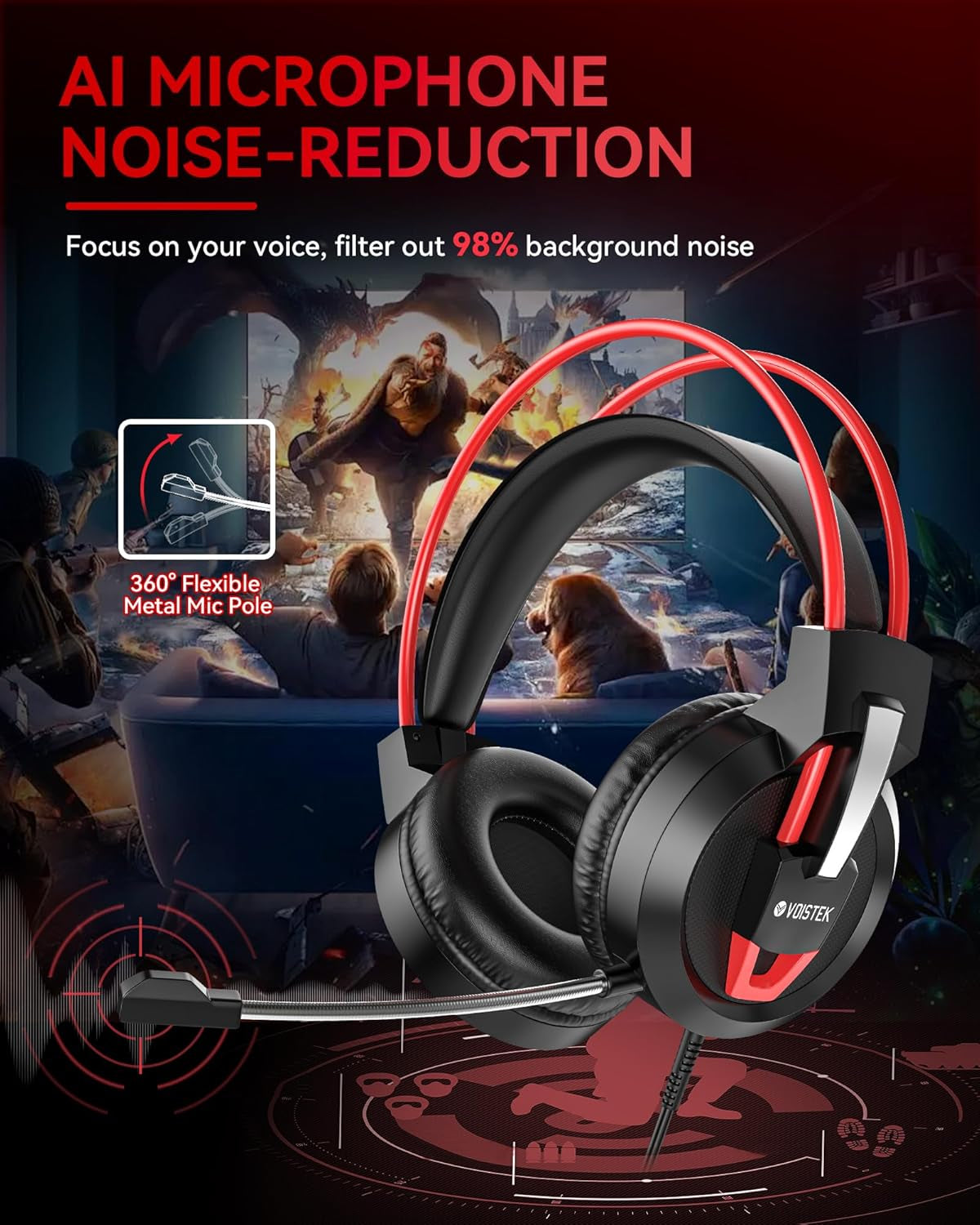 PS5 Gaming Headset - Gaming Headphones with Mic (Noise Cancelling) 50Mm Dynamic Drivers Surround Sound, 3.5Mm Wired Computer Headset, Over-Ear Headphones Comfort for Laptop/Ps4/Ps5/Xbox/Switch