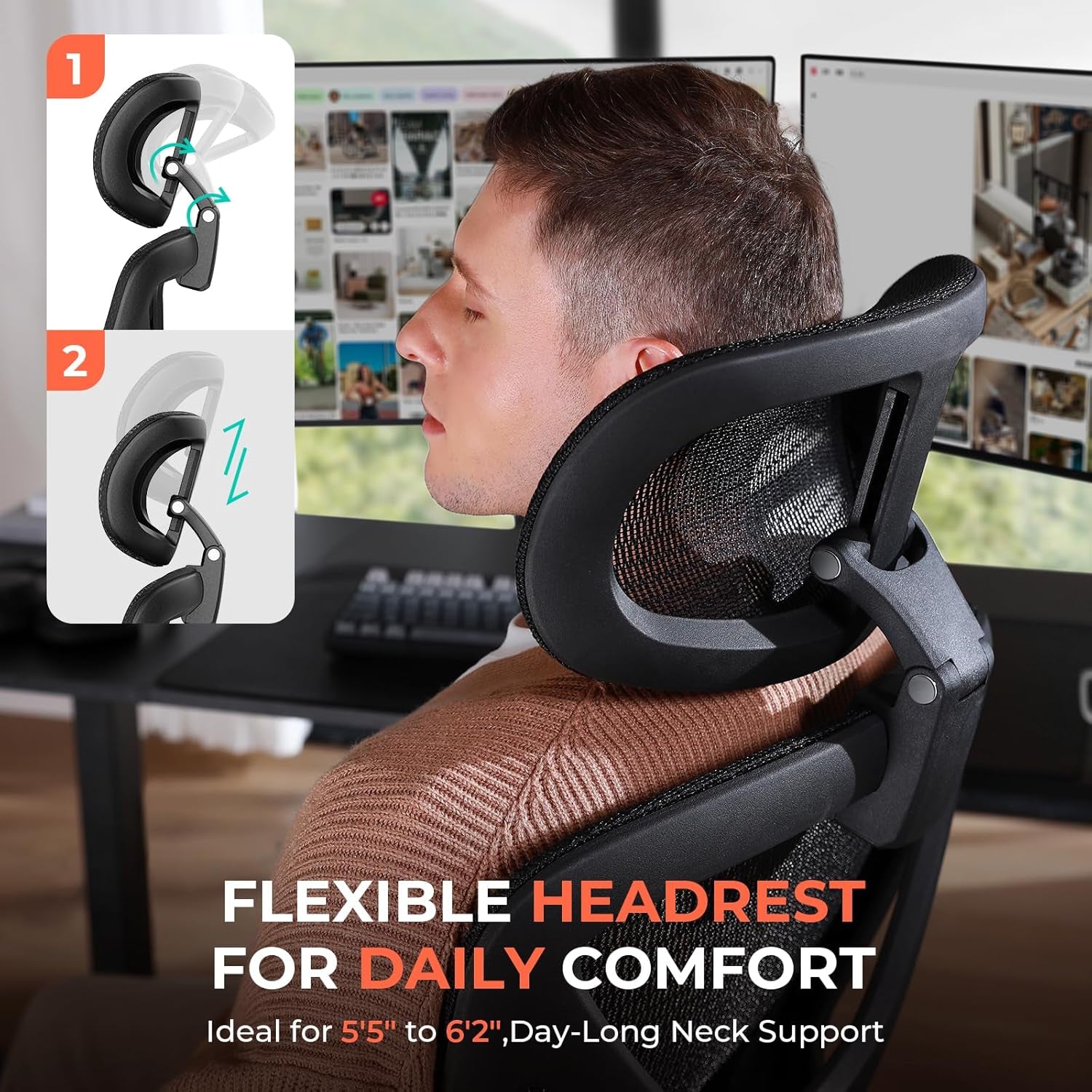 Ergonomic Mesh Office Chair, Adjustable Lumbar High Back Desk Chair 400Lbs, 4D Flip-Up Arms, 3-Level Tilt Backrest, 3D Headrest, PU Wheels, Swivel Rolling Computer Seating for Long Desk Work