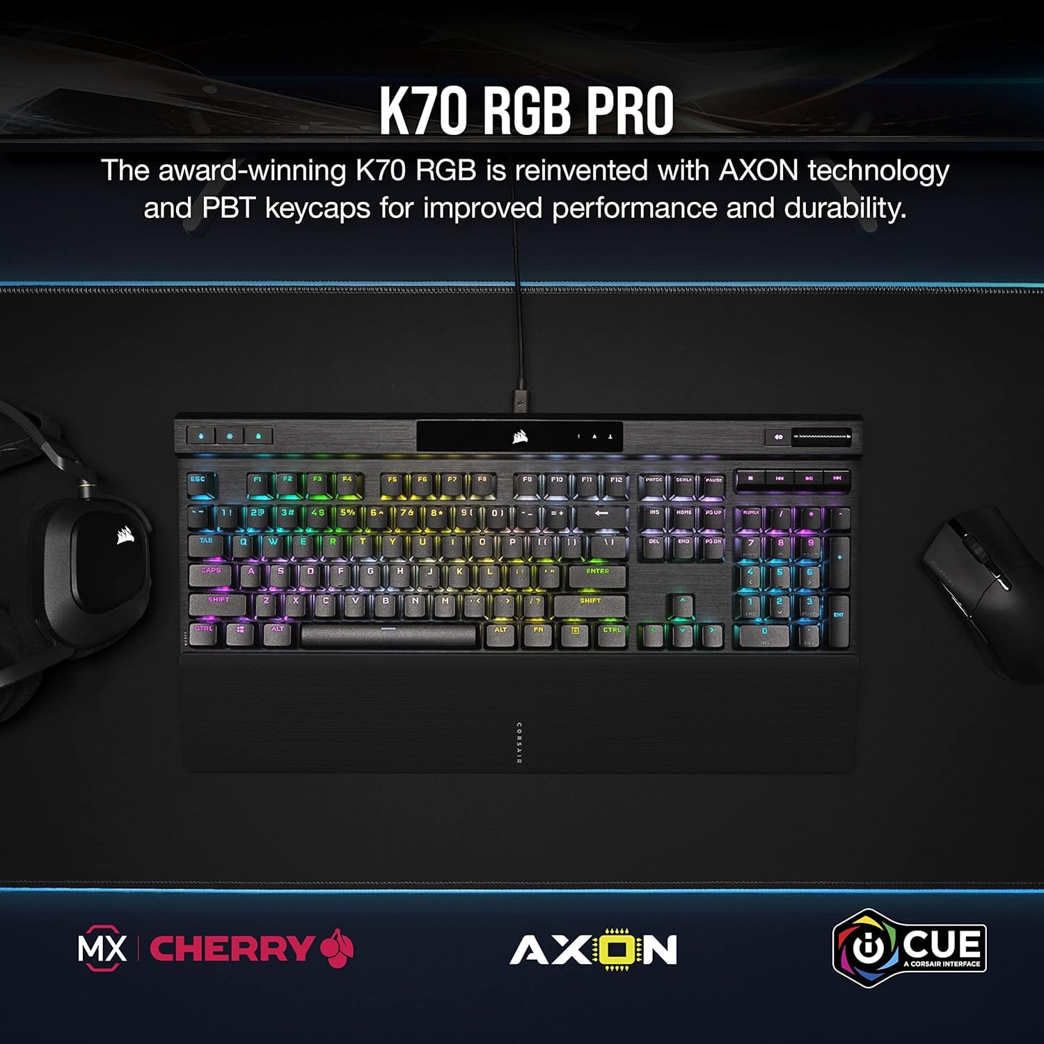 K70 RGB PRO Wired Mechanical Gaming Keyboard (CHERRY MX RGB Blue Switches: Tactile and Clicky, 8,000Hz Hyper-Polling, PBT DOUBLE-SHOT PRO Keycaps, Soft-Touch Palm Rest) QWERTY, NA - Black