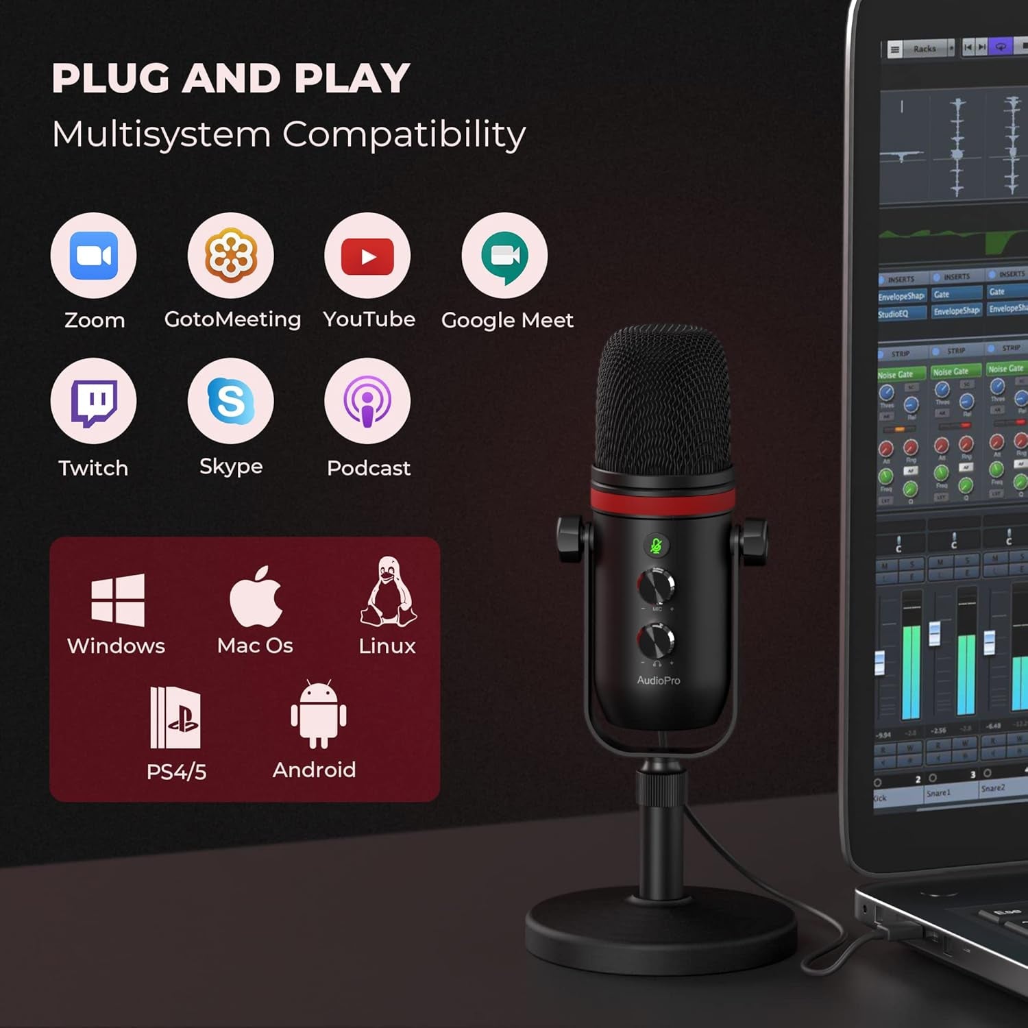 USB Microphone, Computer Condenser Gaming Mic for Pc/Laptop/Ps4/5, Headphone Output, Volume Control, USB Type C Plug and Play, LED Mute Button, for Streaming, Podcast, Studio Recording