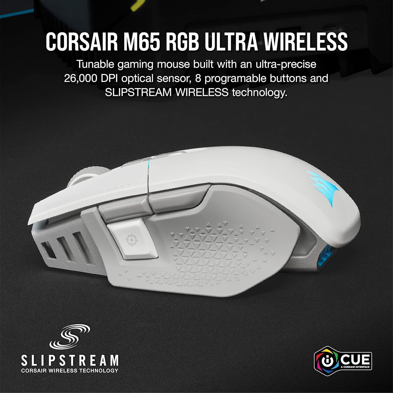 M65 RGB Ultra Wireless Tunable FPS Gaming Mouse - Sub-1Ms Slipstream Wireless Technology, 26,000 DPI Optical Sensor, up to 120 Hours of Battery Life, 8 Programmable Buttons - White