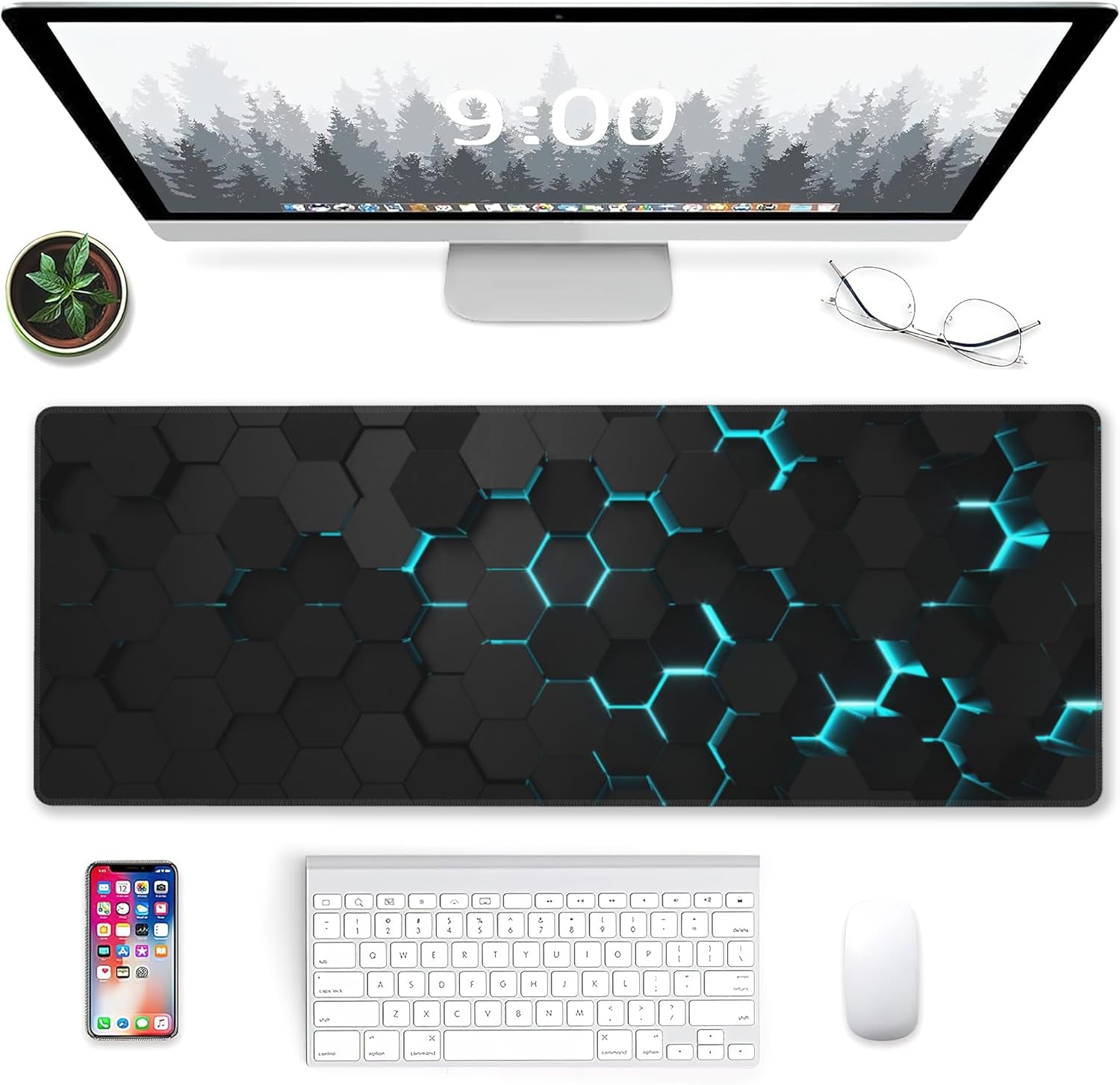 Gaming Mouse Pad, Blue Honeycomb Science Technology Extended Mouse Pad Gaming Large,Big Desk Mat with Non-Slip Base and Stitched Edge,Long Computer Keyboard Mouse Mat for Home Office Work 31.5"X11.8"