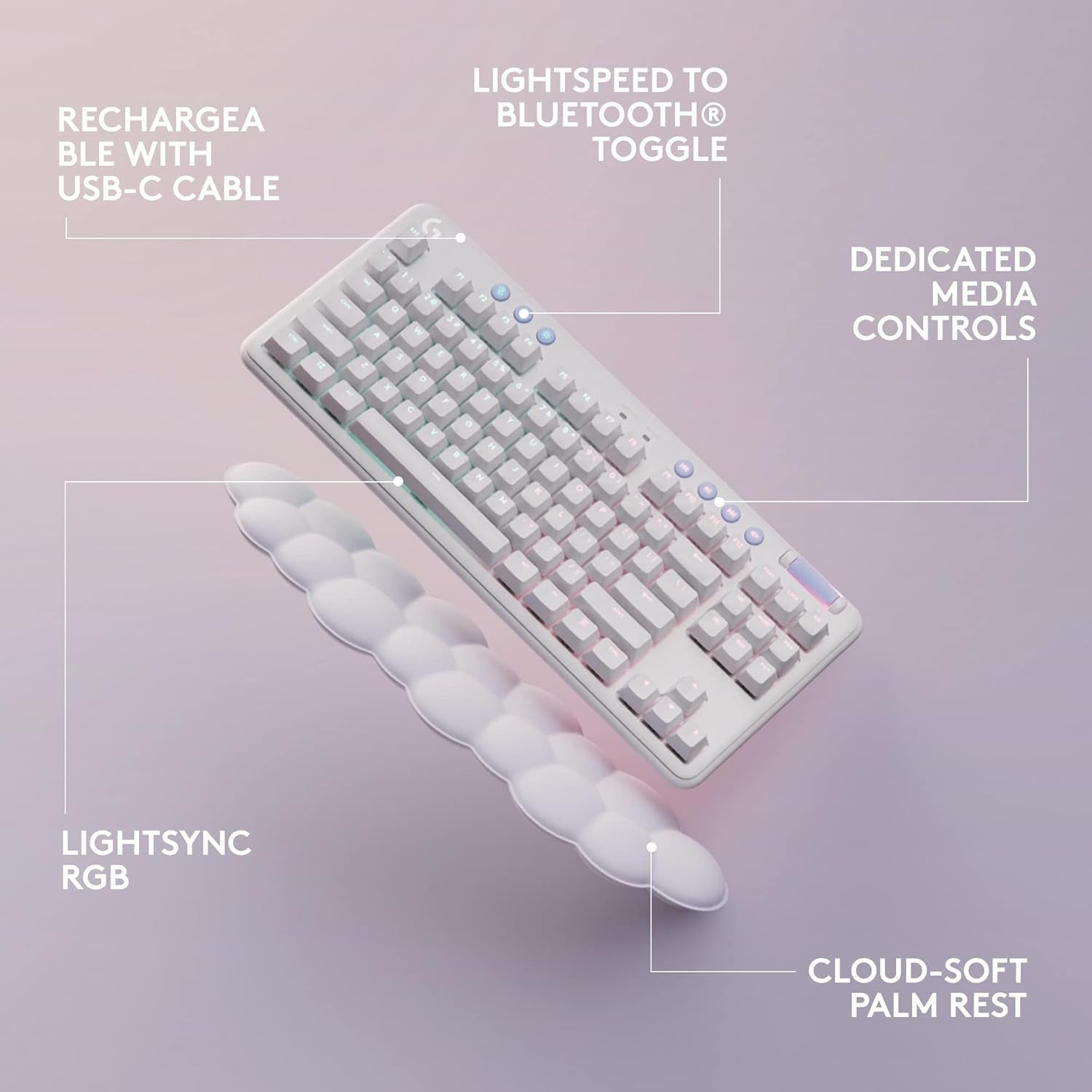 715 Wireless Mechanical Gaming Keyboard with LIGHTSYNC RGB, LIGHTSPEED, Tactile Switches (GX Brown), and Keyboard Palm Rest, Pc/Mac Compatible - White Mist