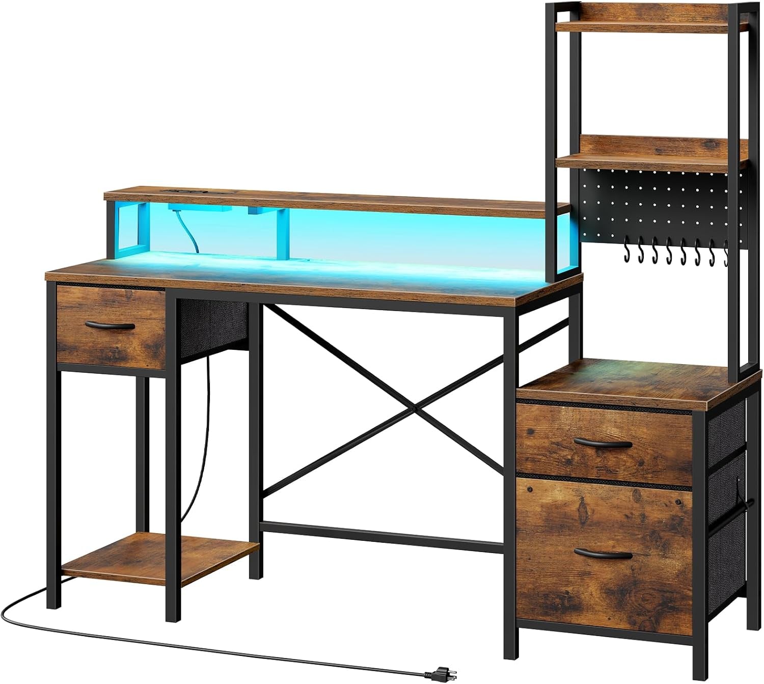 55" Gaming Desk with Power Outlet & LED Light, Computer Desk with Storage Shelves & Monitor Stand, Industrial Gaming Table with Fabric Drawers & Side Hook, Rustic Brown and Black