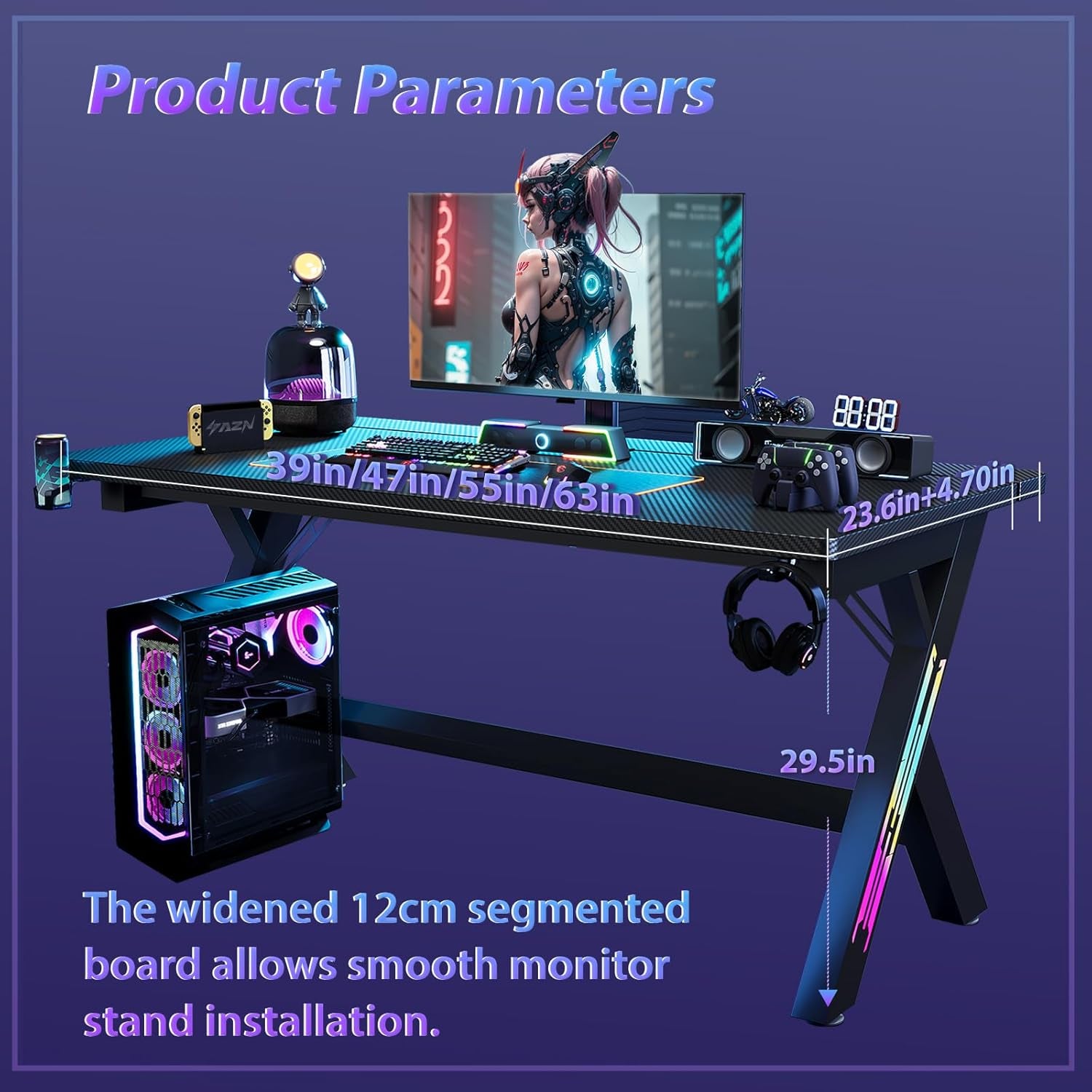 55.11 Inch Gaming Desk Computer Desk with LED Lights, Sturdy Small Desk for Bedroom, Home Office Desks Ergonomic PC Gaming Table Workstation W/Cup Holder, Headphone Hook, Cable Box, Carbon Fiber Black