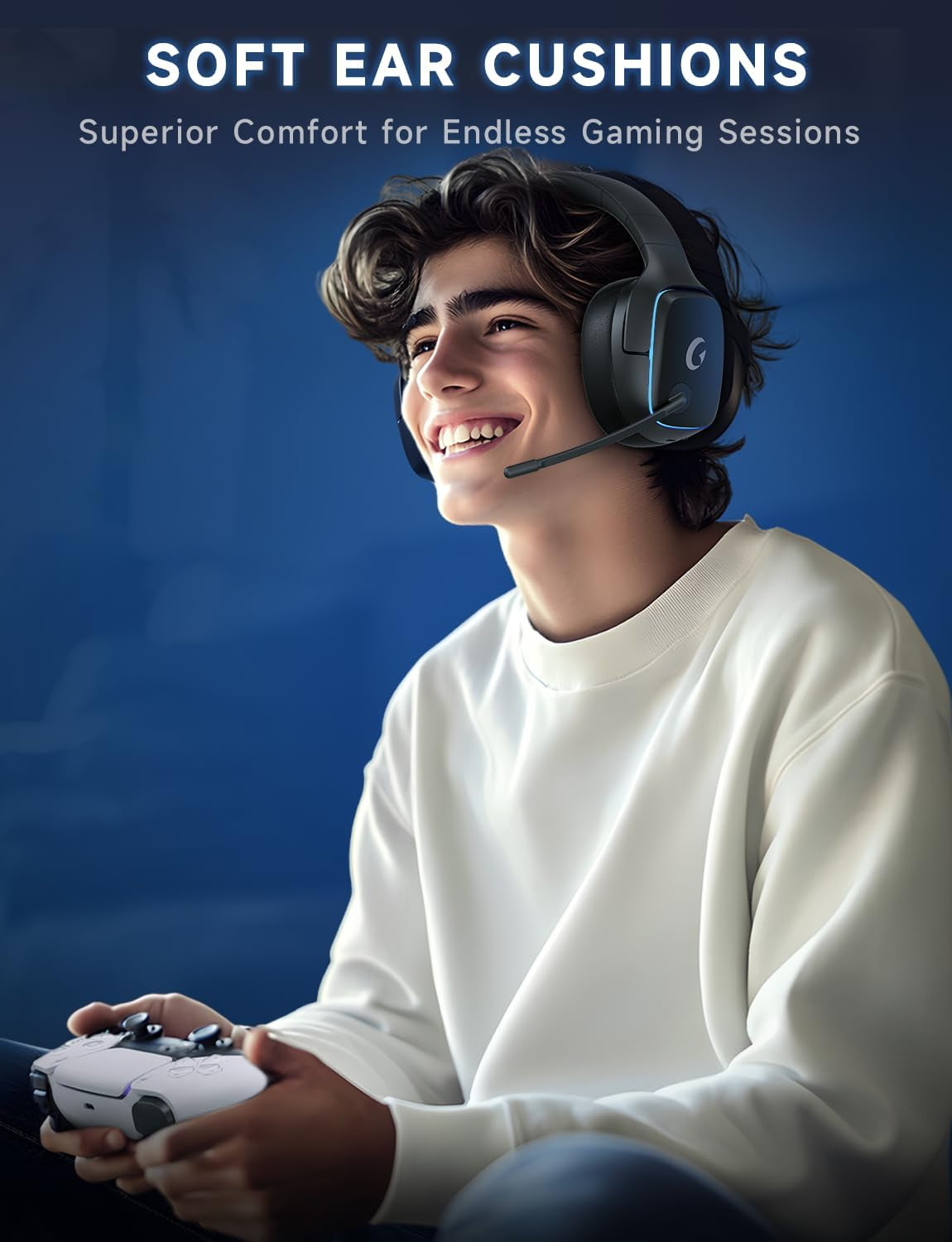 2.4Ghz Wireless Gaming Headsets for PS5, PS4, PC, Switch - Bluetooth 5.3 Gaming Headphones with Noise Canceling Mic, 7.1 Surround Sound, 70H Battery, Blue Lighting - Black