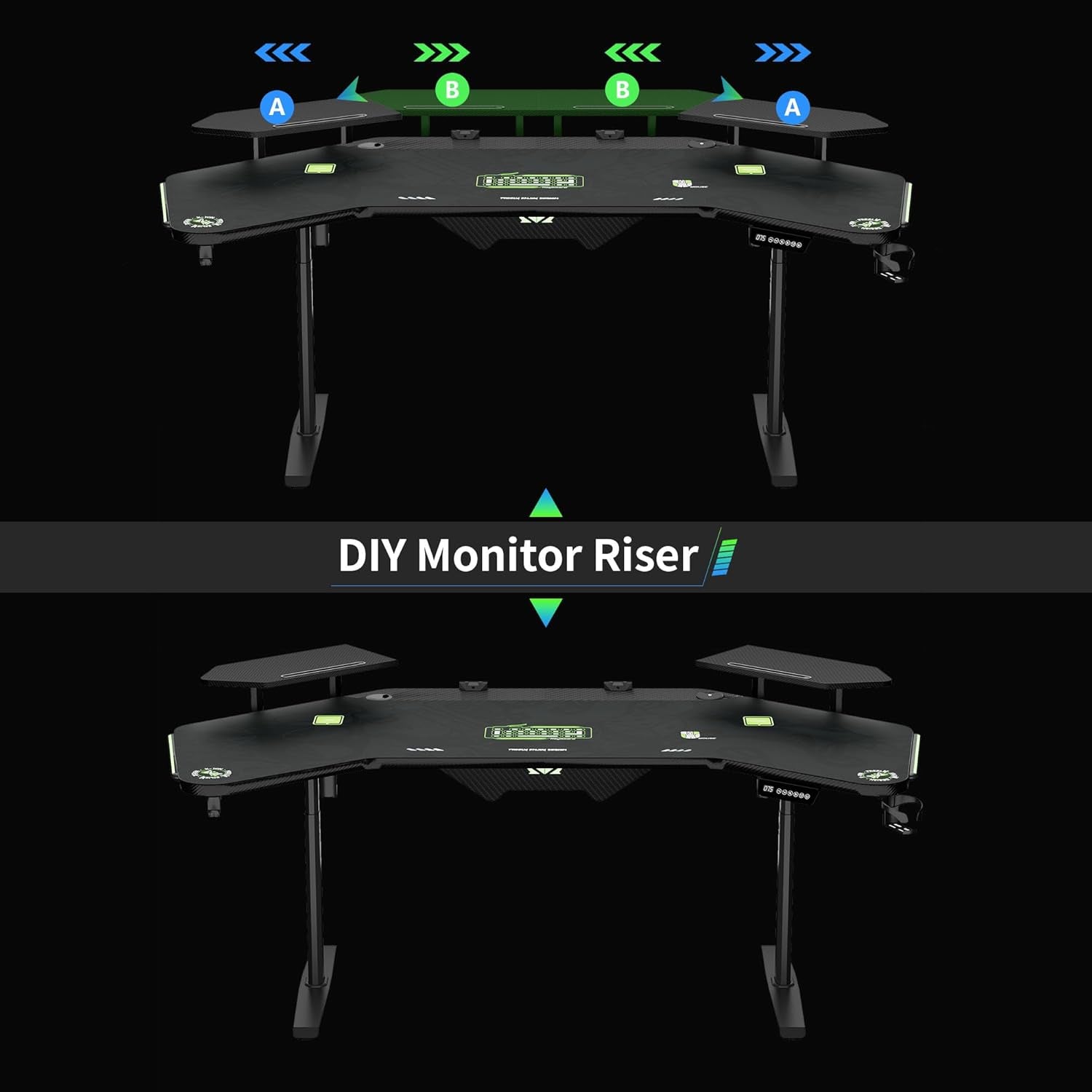 72" Standing Gaming Desk with Dual Motor, Wing-Shaped Computer Desk with Full Coverage Mouse Pad, Electric Height Adjustable Standing Desk with RGB LED Lights and Slot Design Shelves