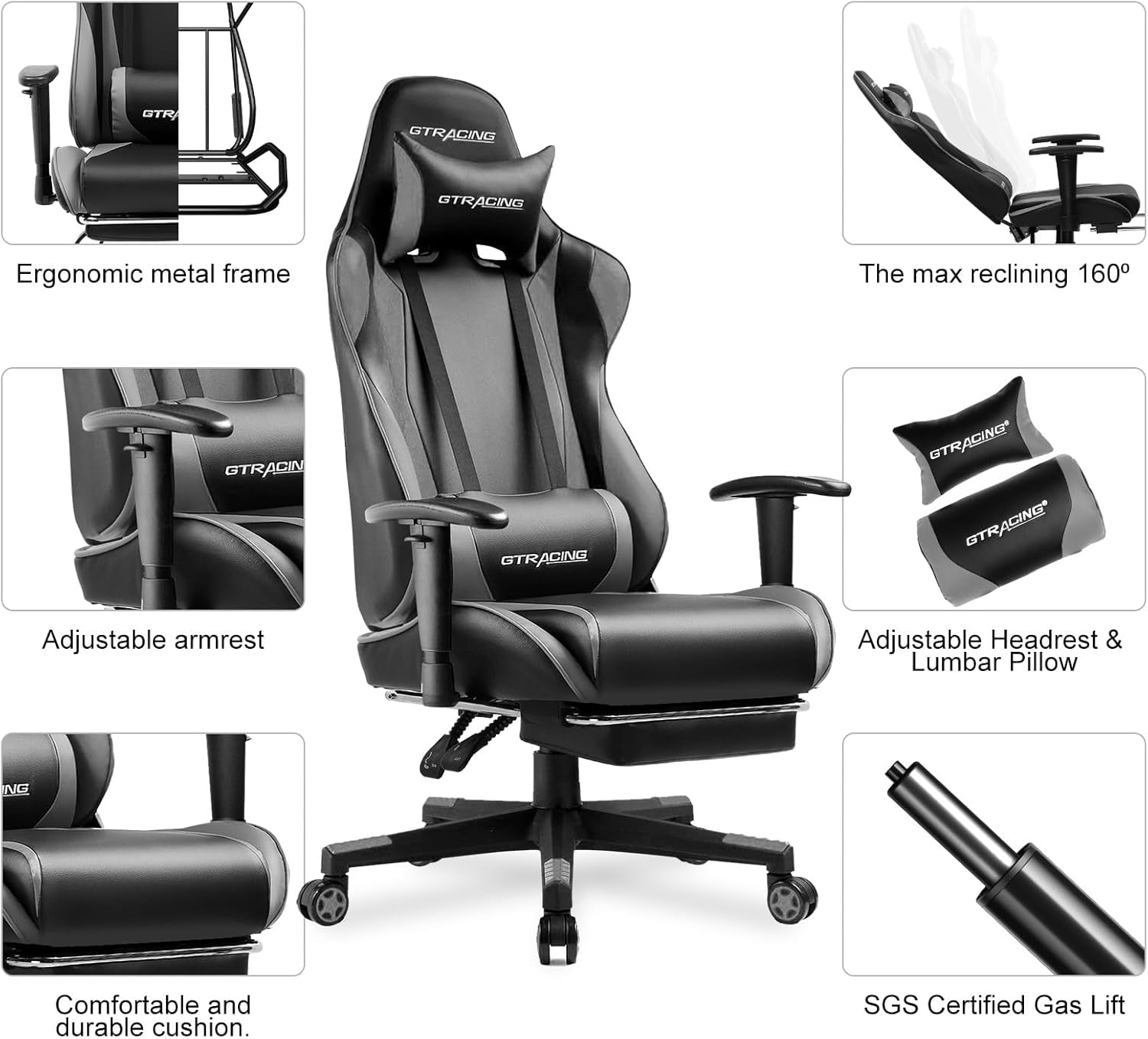 Gaming Chair with Footrest, Ergonomic Computer Game Desk Chair, Reclining Gamer Chair Seat Height Adjustment, Swivel Rocker with Headrest and Lumbar (Gray)