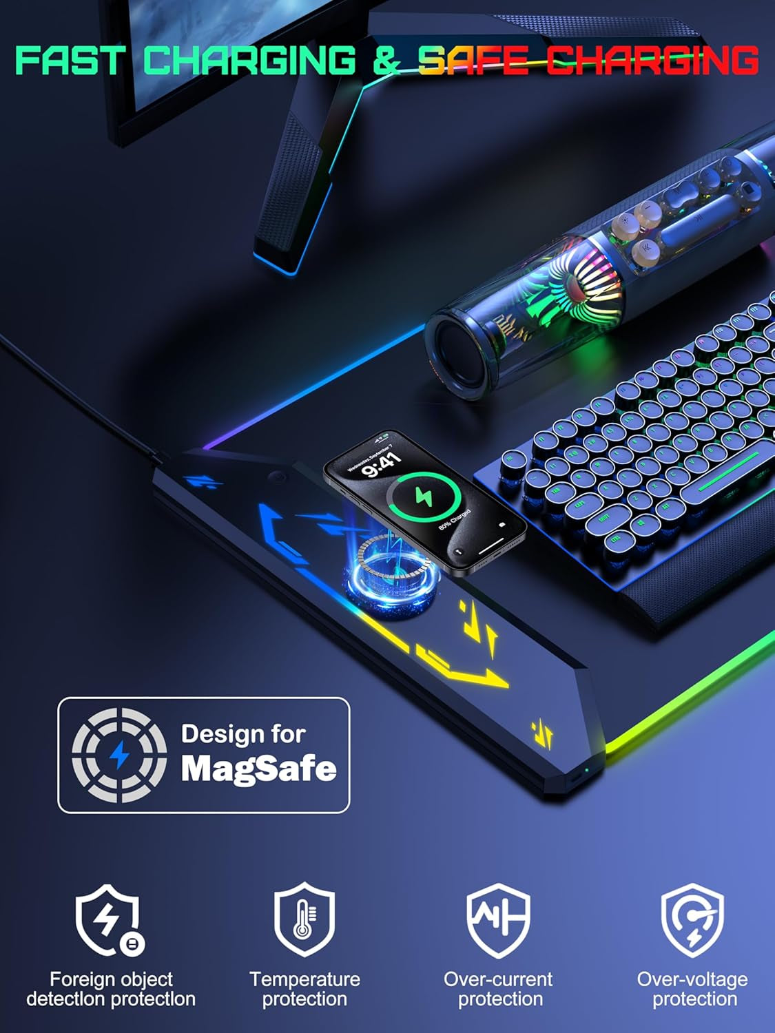 Wireless Charging Mouse Pad, RGB Gaming Mousepad, 35.4" X 15.8" Extra Large Waterproof Keyboard Desk Pad, Cool Computer Desk Mat, Black (Includes 20W PD Power Adapter & 6.56Ft Woven Cable)