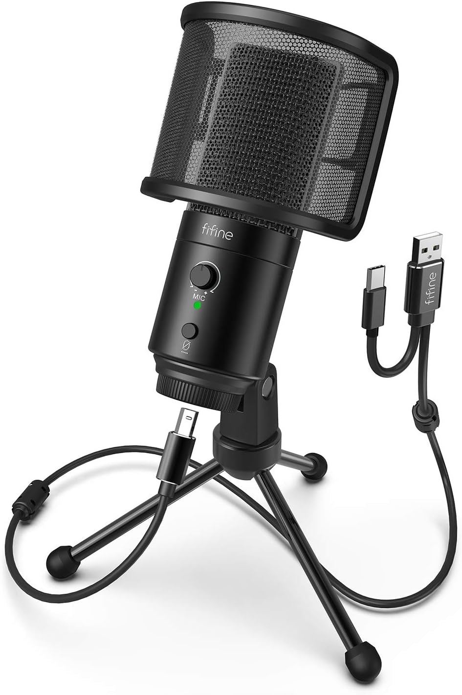 USB Desktop PC Microphone with Pop Filter for Computer and Mac, Studio Condenser Mic with Gain Knob Mute Button Headphone Jack for Gaming Streaming Recording Youtube, Extra USB-C Plug-K683A