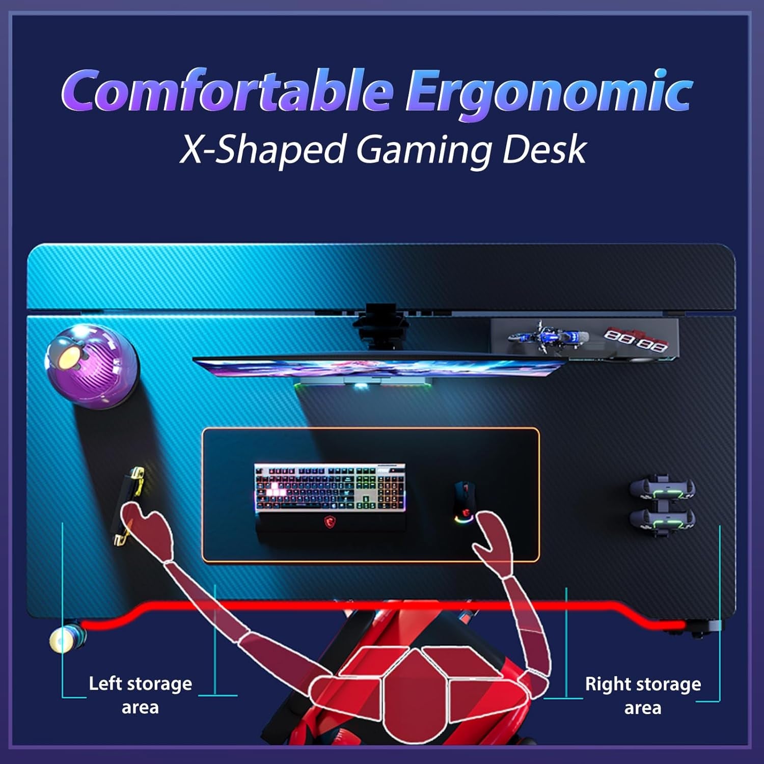 55.11 Inch Gaming Desk Computer Desk with LED Lights, Sturdy Small Desk for Bedroom, Home Office Desks Ergonomic PC Gaming Table Workstation W/Cup Holder, Headphone Hook, Cable Box, Carbon Fiber Black
