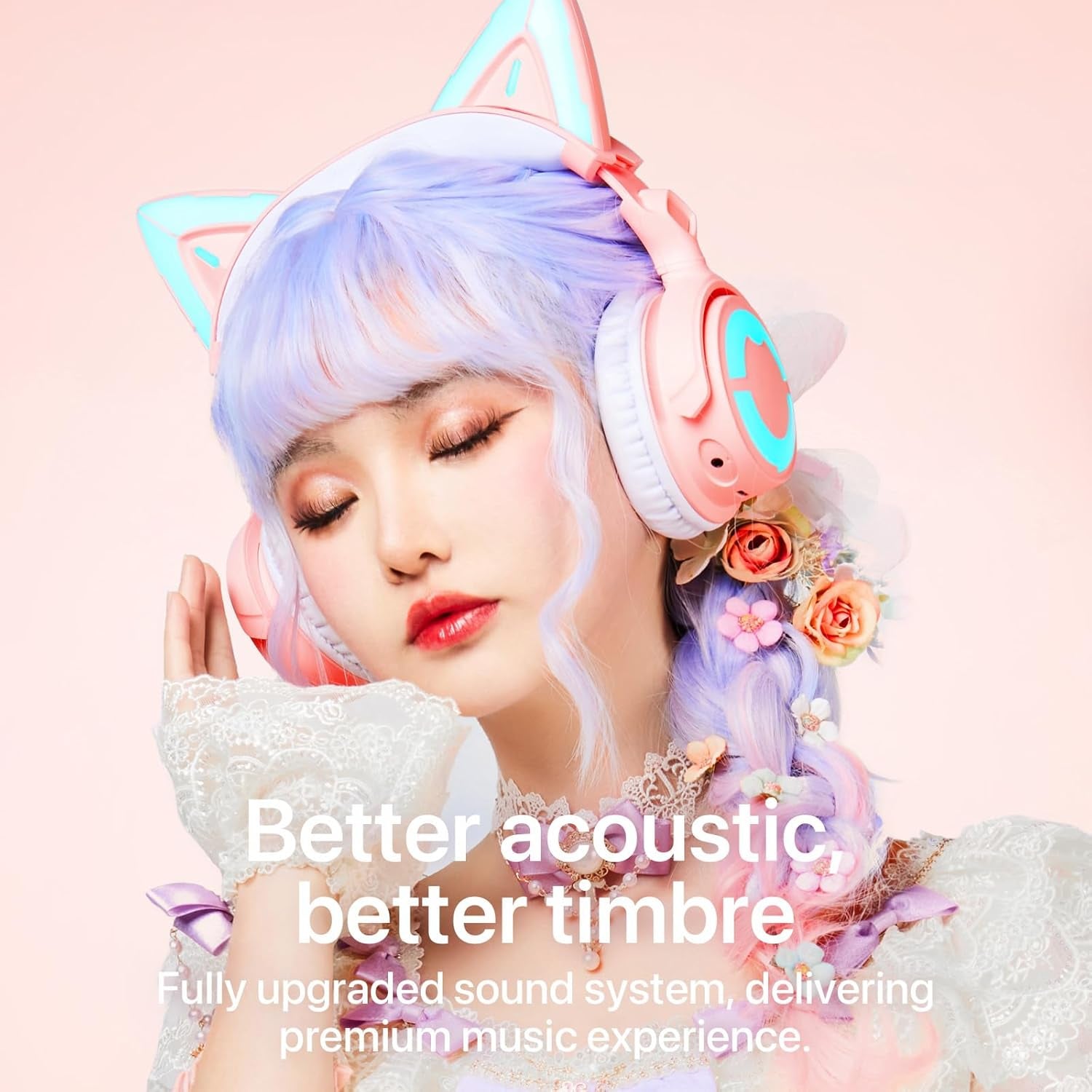 RGB Cat Ear Headphone 4, Upgraded Wireless & Wired Gaming Headset with Attachable HD Microphone -Active Noise Reduction, Dual-Channel Stereo & Customizable Lighting and Effect via APP (Pink)