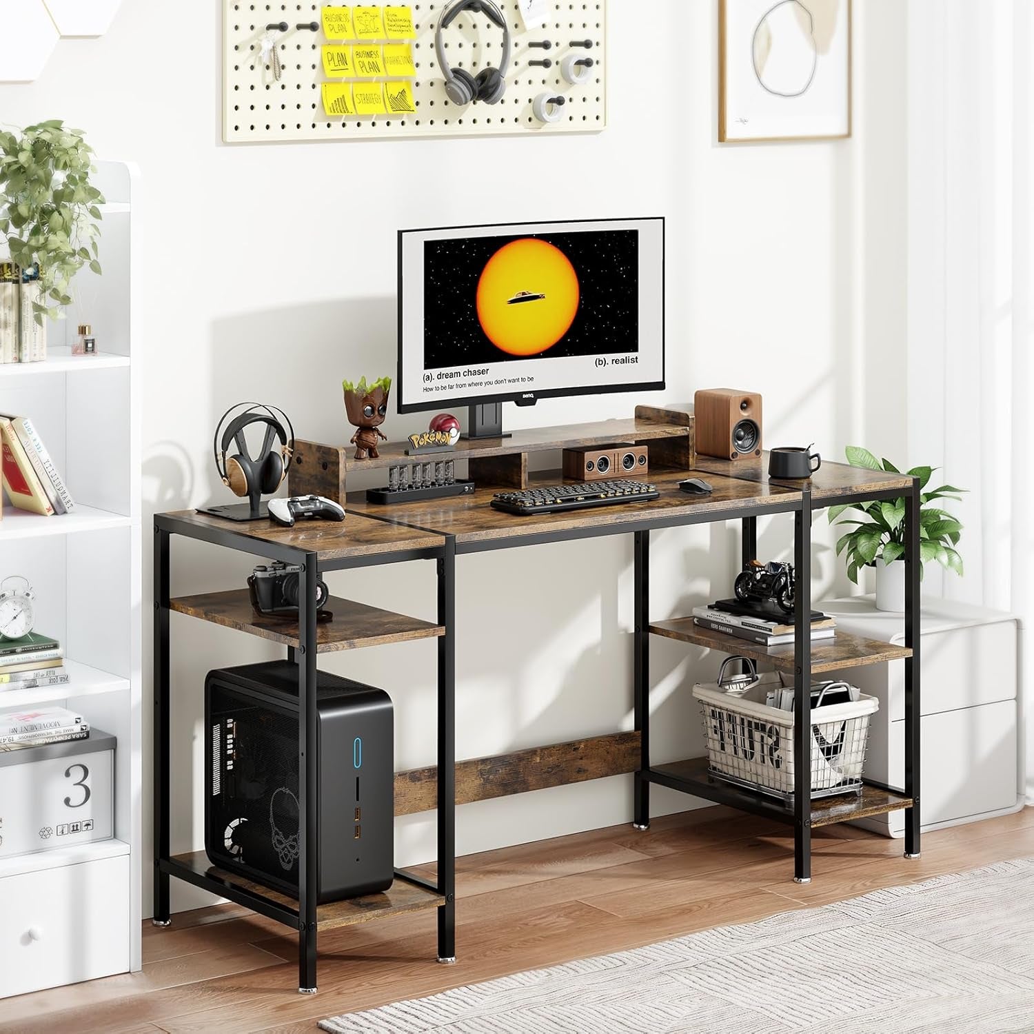 Computer Desk Gaming Desk with Monitor Stand, Home Office Desk Suitable for 2 Monitors, Writing Desk with Adjustable Storage Space,Sturdy and Durable Modern Small Desk (Vintage, 55 Inchs)