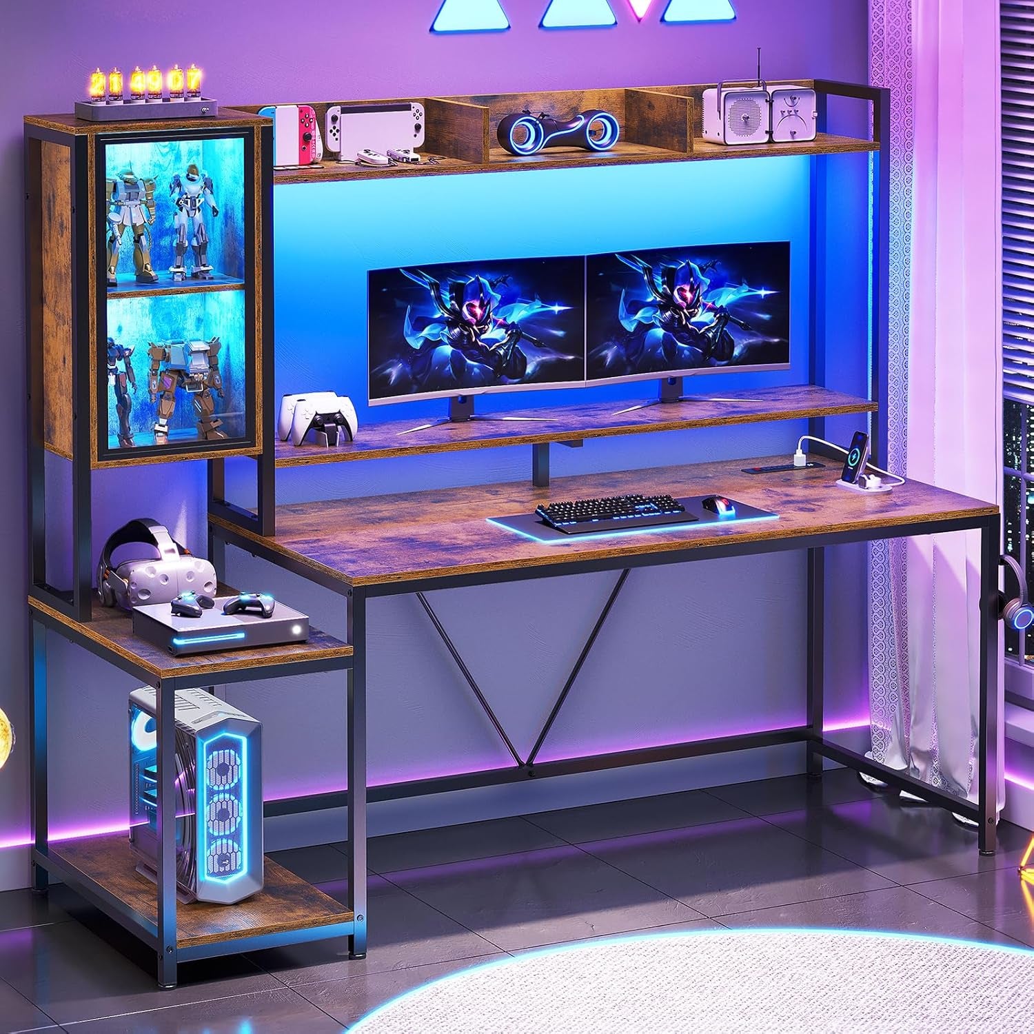 Gaming Desk, 60'' Gaming Desk with Hutch and LED Lights, Computer Desk with Storage Shelves, Large PC Gamer Desk with Display Cabinet, Monitor Stand, Power Outlet for Home Office, Rustic Brown