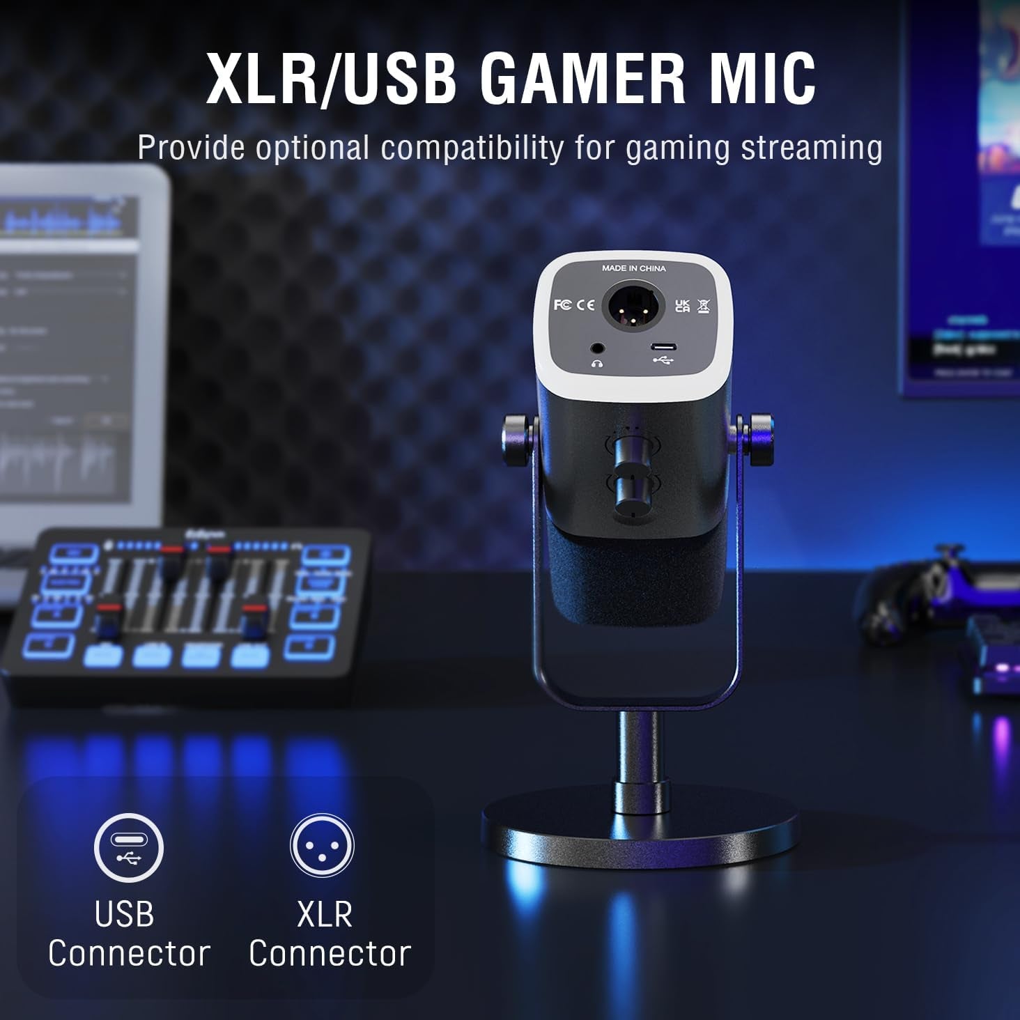 Gaming Equipment Bundle, Dynamic XLR/USB Gaming Microphone Set with Streaming Audio Mixer for Podcast Recording Video Vocal, RGB Gamer Set with Volume Fader/Xlr Interface for Pc-Ampligame KS5