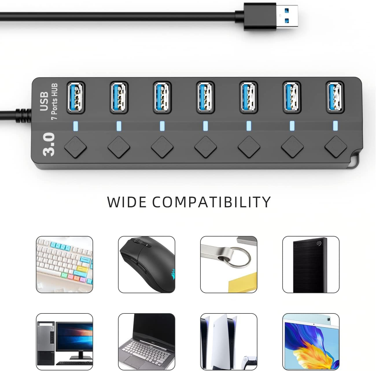 USB 3.0 Hub,  7-Port USB Data Hub Splitter with 3Ft Long Cable USB Extension for Laptop,Pc Computer,Surface Pro, PS4/5, Flash Drive, Mobile HDD - with LED Individual On/Off
