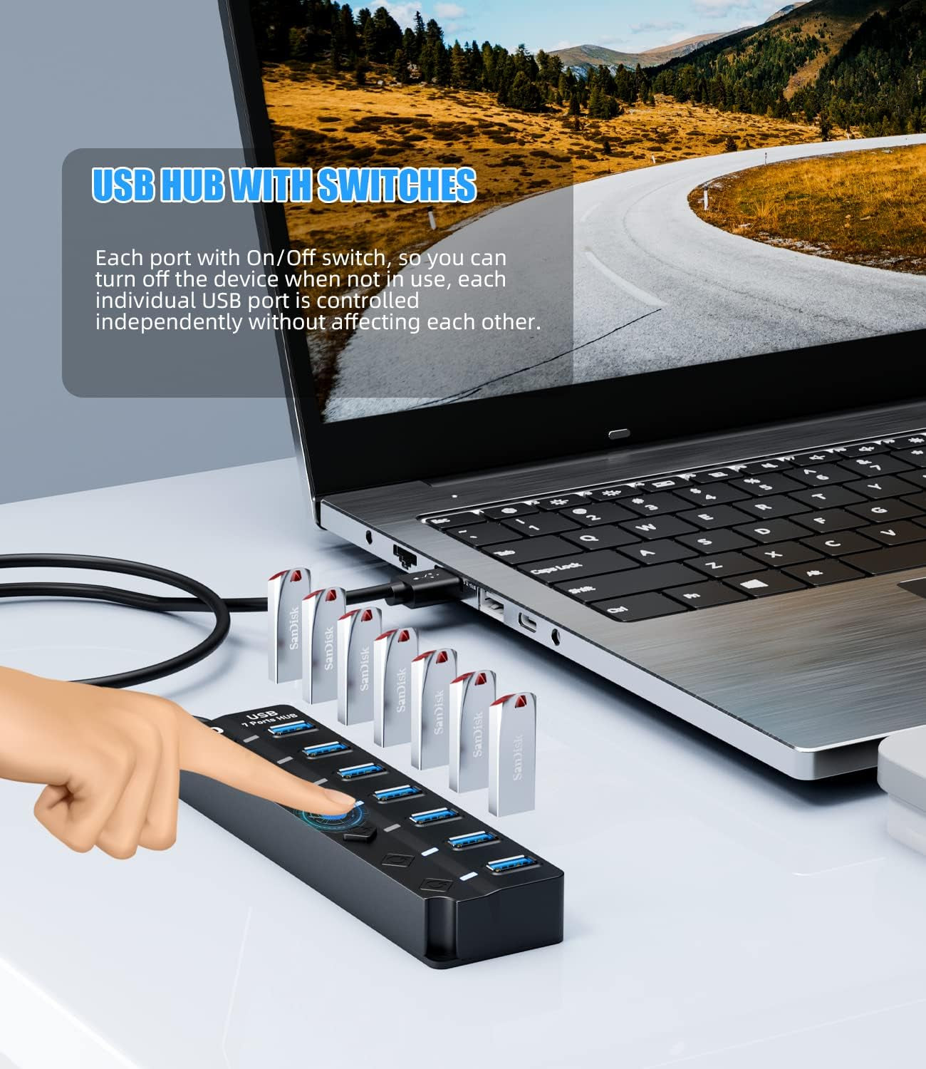USB 3.0 Hub,  7-Port USB Data Hub Splitter with 3Ft Long Cable USB Extension for Laptop,Pc Computer,Surface Pro, PS4/5, Flash Drive, Mobile HDD - with LED Individual On/Off