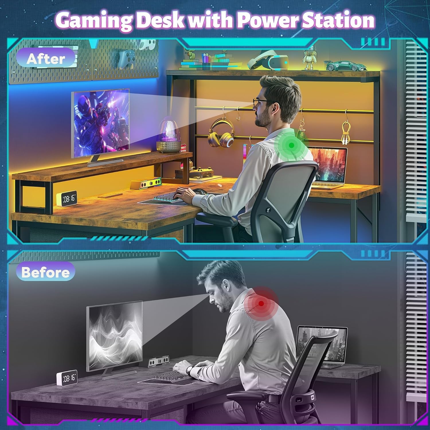 53 Inch Gaming Desk with Hutch & Drawer, Reversible L Shaped Computer Desk with Hooks & Monitor Stand, Table for Writing with LED Light & Power Outlet,Corner Desk for Office, Rustic Brown