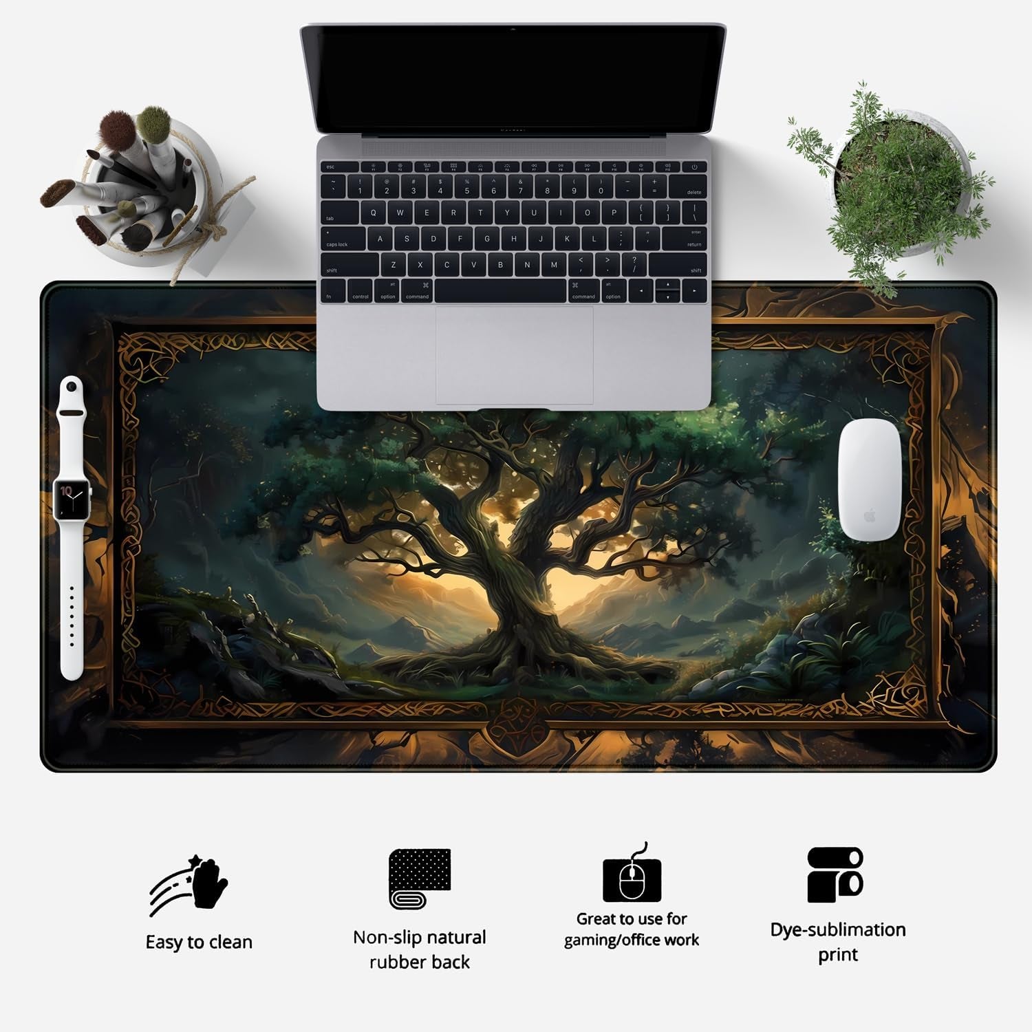 Mystical Green Tree Large Gaming Mouse Pad Forest Tree of Life Deskpad Mat XXL Extended Gaming Desk Large Mousepad Computer Laptop Keyboard and Mouse Mat, Office Desk Decor Pad 31.5X15.8 In