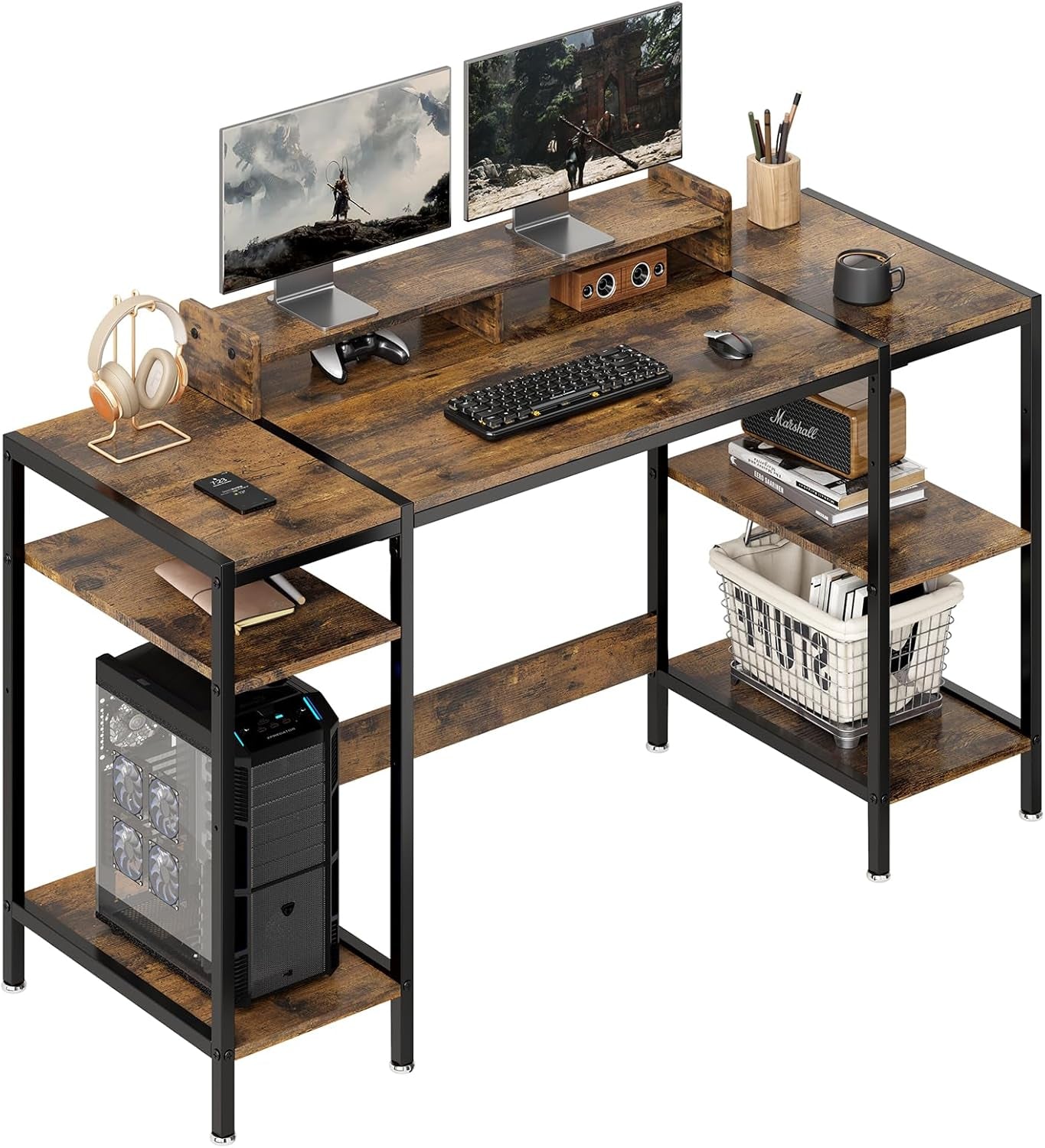 Computer Desk Gaming Desk with Monitor Stand, Home Office Desk Suitable for 2 Monitors, Writing Desk with Adjustable Storage Space,Sturdy and Durable Modern Small Desk (Vintage, 55 Inchs)