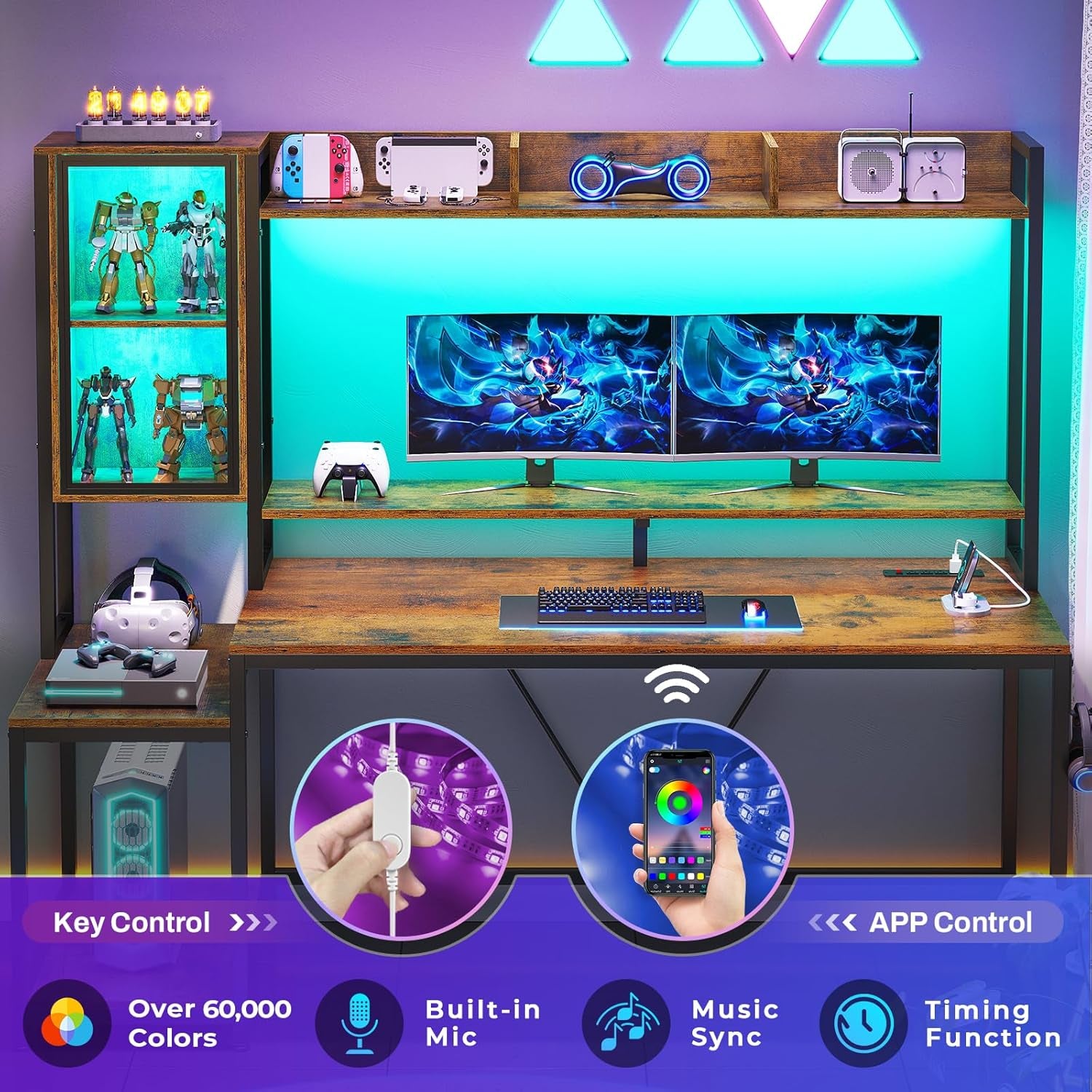 Gaming Desk, 60'' Gaming Desk with Hutch and LED Lights, Computer Desk with Storage Shelves, Large PC Gamer Desk with Display Cabinet, Monitor Stand, Power Outlet for Home Office, Rustic Brown
