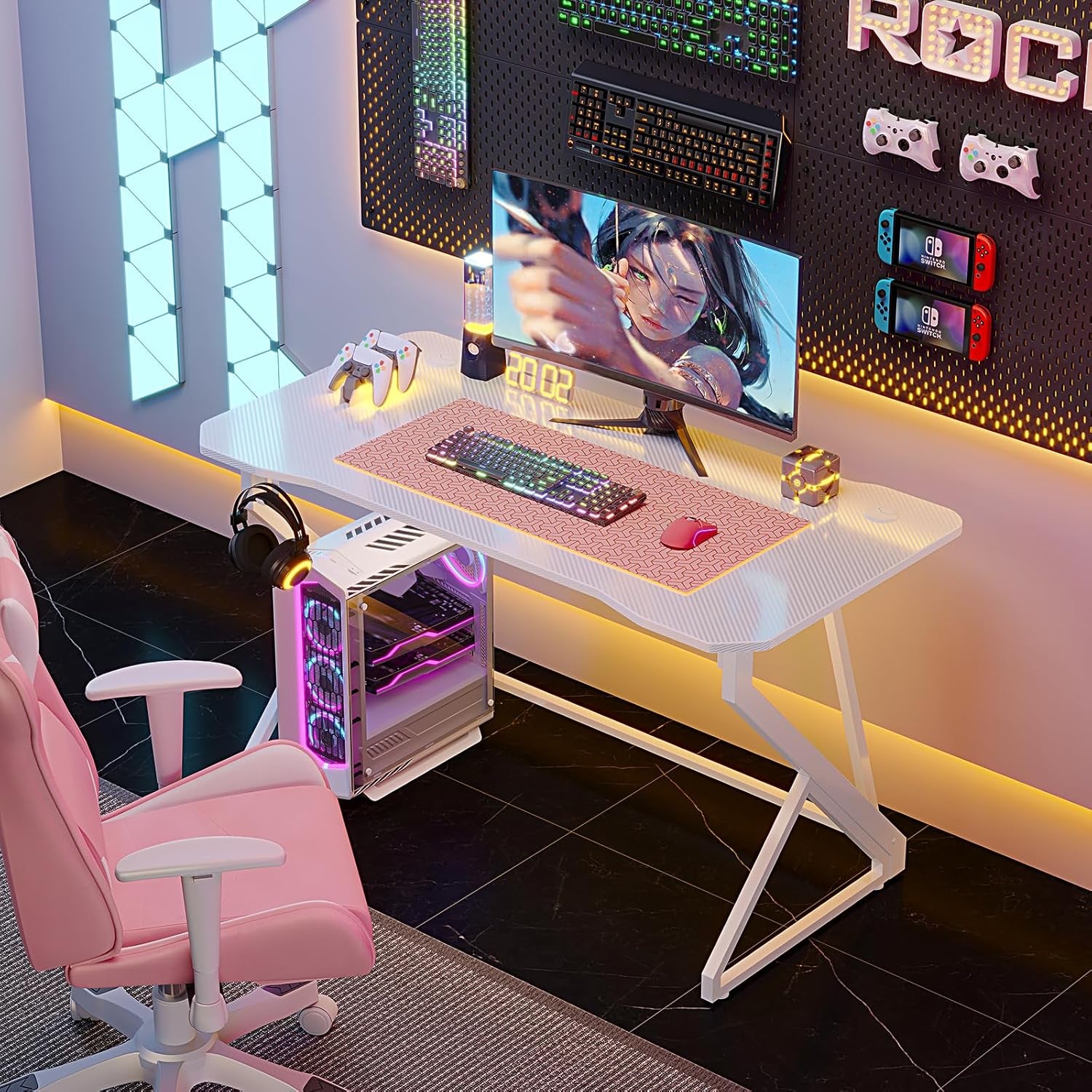 Gaming Desk Z Shaped 40 Inch Gamer Workstation, Home Computer Carbon Fiber Surface Gaming Desk PC Table with Headphone Hook, Carbon Fiber White