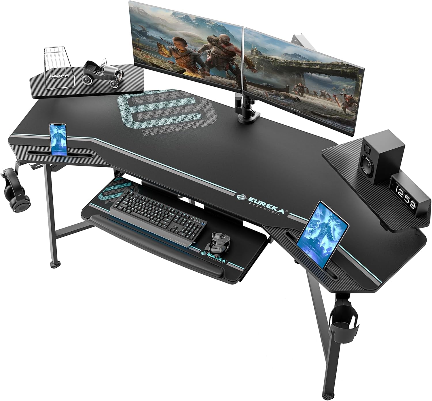 Aero Gaming Desk with Led Lights, 72" Large Wing-Shaped Studio Desk W Keyboard Tray Monitor Stand Dual Headphone Hanger Cup Holder for Live, Streamer