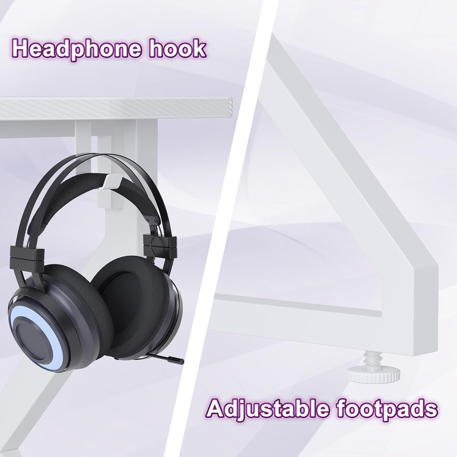 Gaming Desk Z Shaped 40 Inch Gamer Workstation, Home Computer Carbon Fiber Surface Gaming Desk PC Table with Headphone Hook, Carbon Fiber White