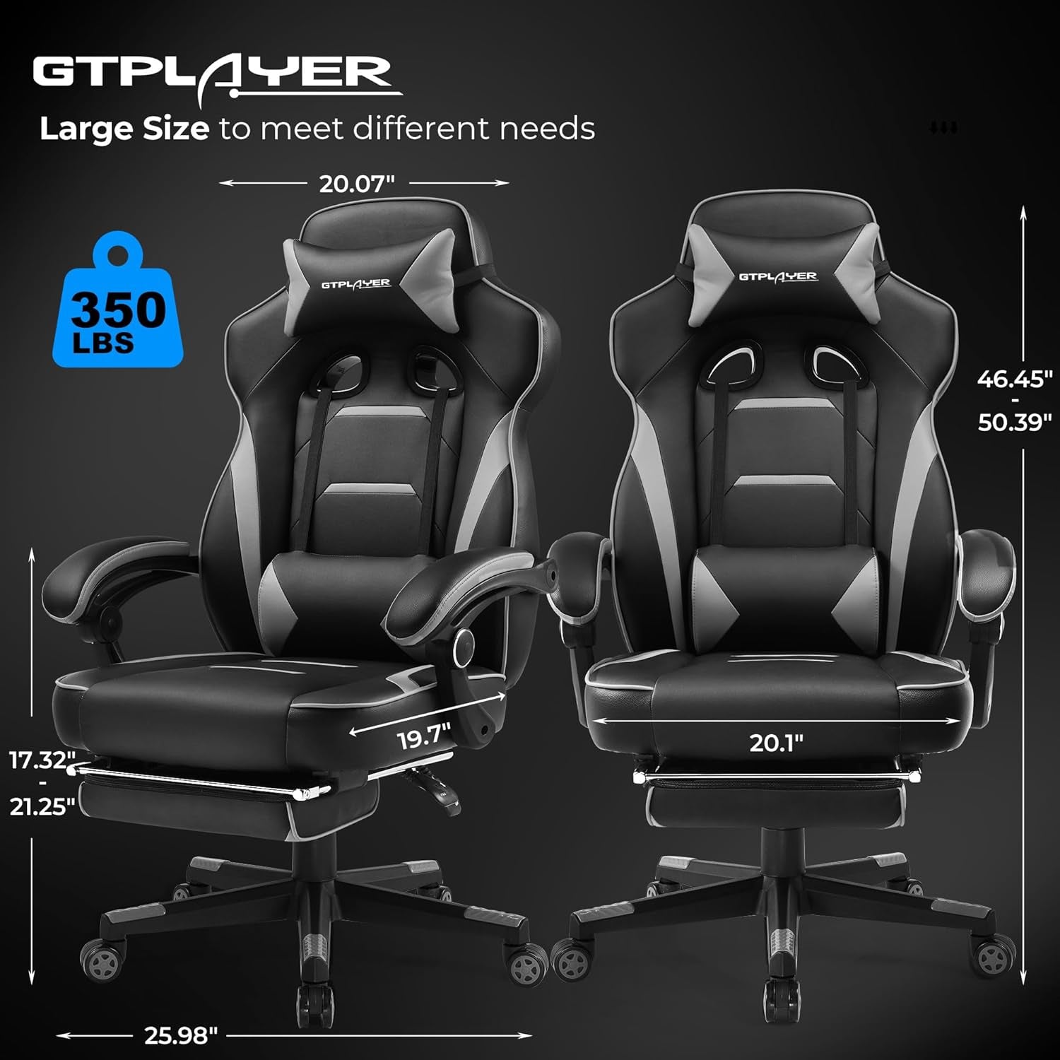 Gaming Chair with Footrest, Big and Tall Computer Game Chair 350Lb Racing Style, Ergonomic High Back Lumbar Support and Recliner, Moon Gray