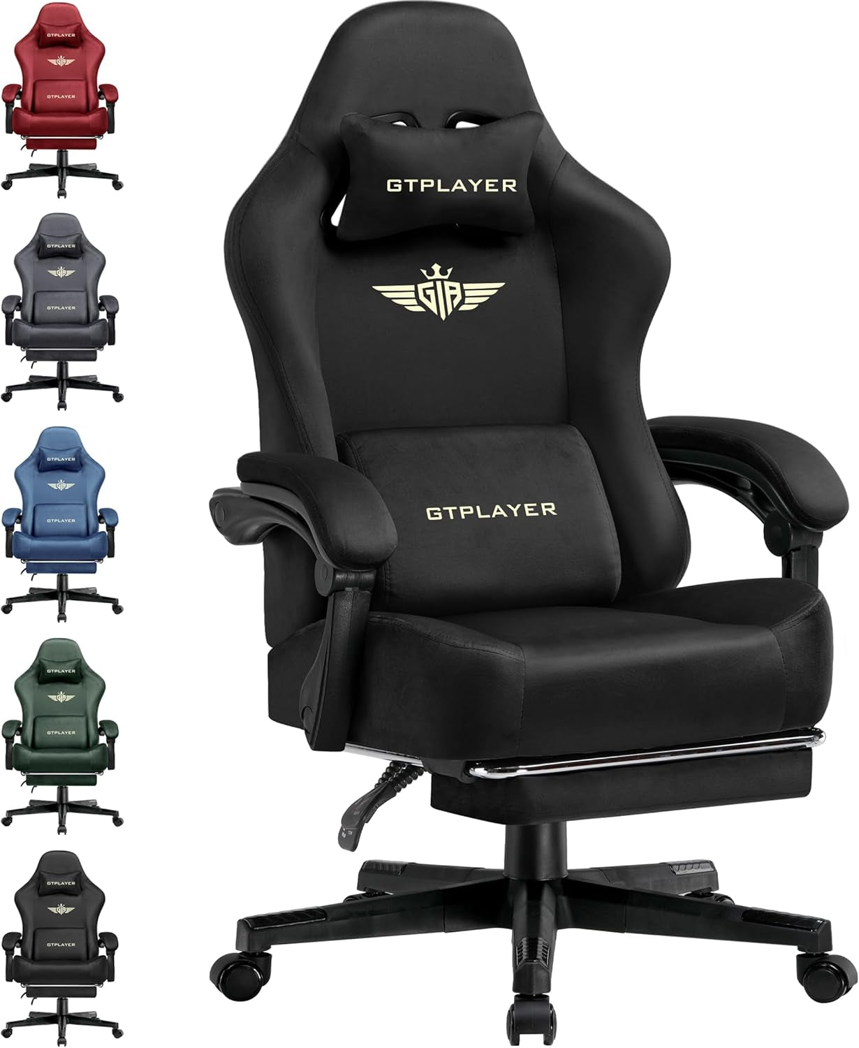 Gaming Chair Fabric with Pocket Spring Cushion, High Back Ergonomic Computer Chair with Footrest for Adults Lumbar Support Swivel Game Chair for Office Gaming 350LBS, Black