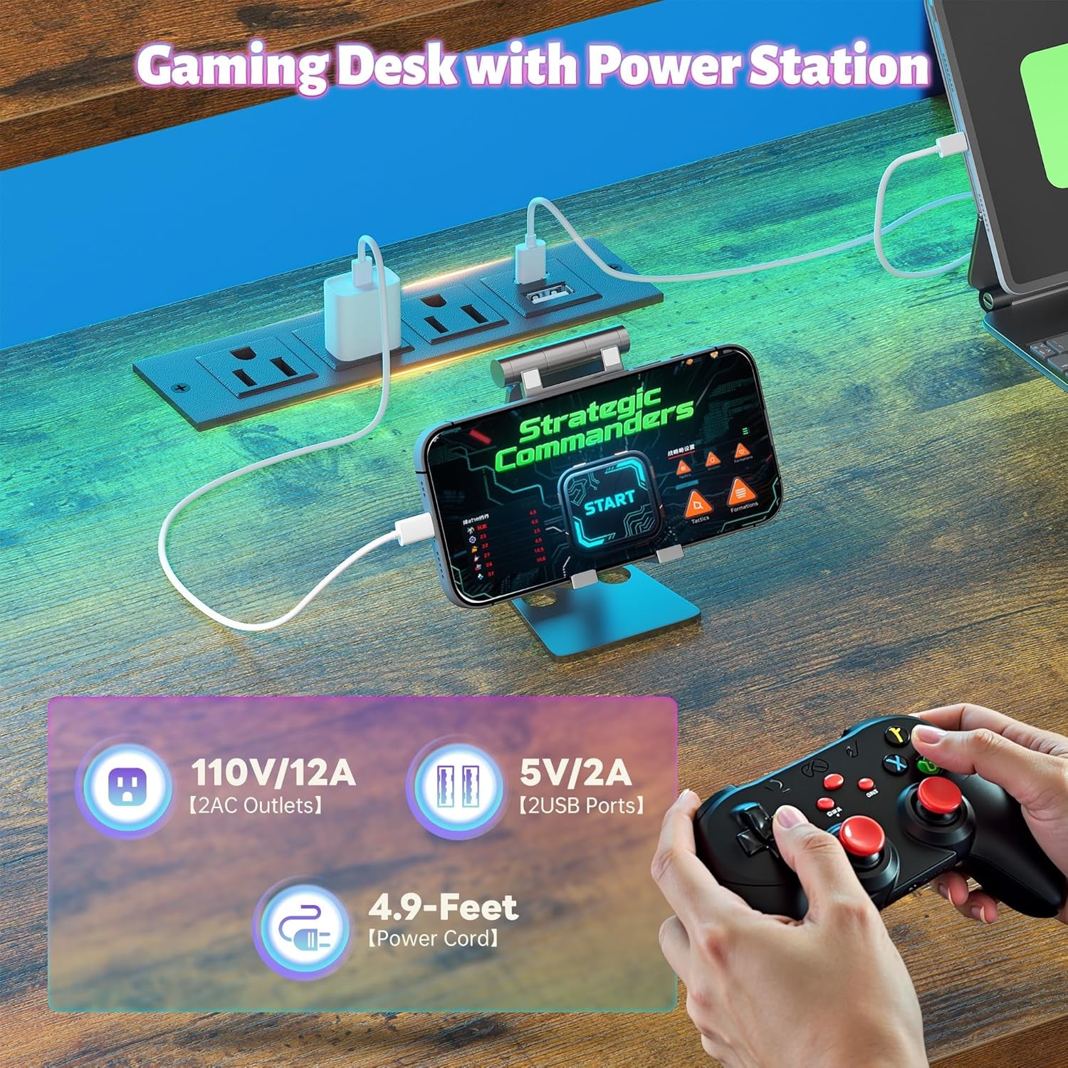 53 Inch Gaming Desk with Hutch & Drawer, Reversible L Shaped Computer Desk with Hooks & Monitor Stand, Table for Writing with LED Light & Power Outlet,Corner Desk for Office, Rustic Brown