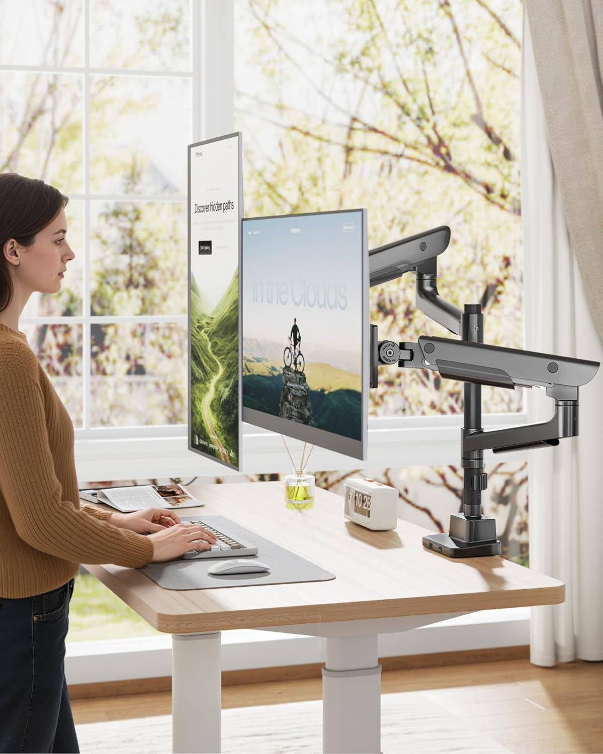 Sleek Aluminum Monitor Arm for 17–57” Ultrawide Screens up to 59 Lbs, USB 3.0 A/C, Heavy Duty Dual Monitor Arm Desk Mount, Pneumatic Lift, Quick-Release Plate, Clamp/Grommet, Max VESA 100X100