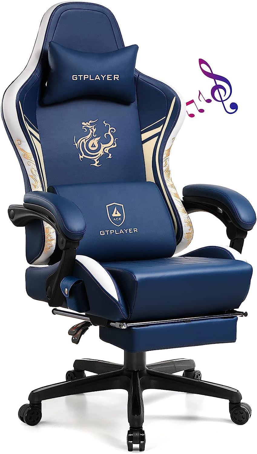 Gaming Chair with Bluetooth Speakers and Footrest, Dragon Series Video Game Chair ，Heavy Duty, Ergonomic, Esports Computer Office Chair Blue (Royal Blue)