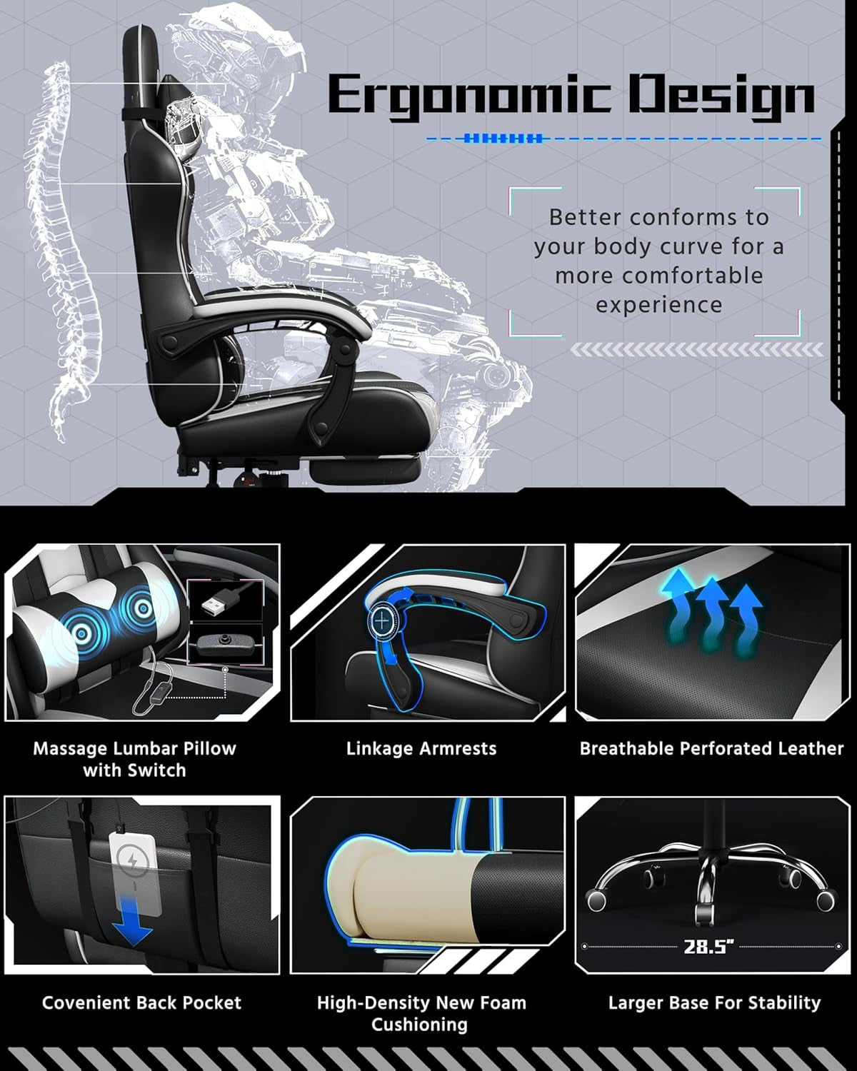 Gaming Chair, Video Game Chair with Massage Lumbar Support and Footrest Height Adjustable Ergonomic Computer Gaming Chair with Swivel Seat and Headrest, Black/White