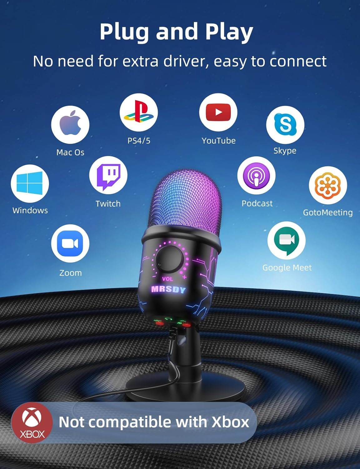 Gaming Microphone, USB Computer Microphone for PC, Mac, PS4/5, Condenser Podcast Mic for Studio Recording, Youtube, Streaming, with Headphone Jack, Led Light, Mute, Gain, Noise Cancellation