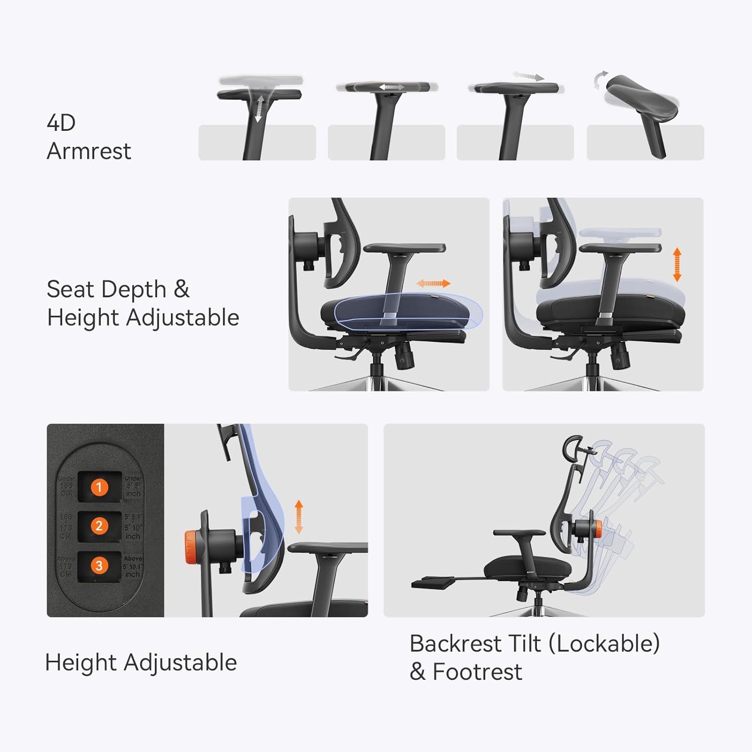 Ergonomic Office Chair with Footrest - Home Office Desk Chair with Adaptive Lumbar Support, 4D Armrest, Adjustable Seat Depth & Height