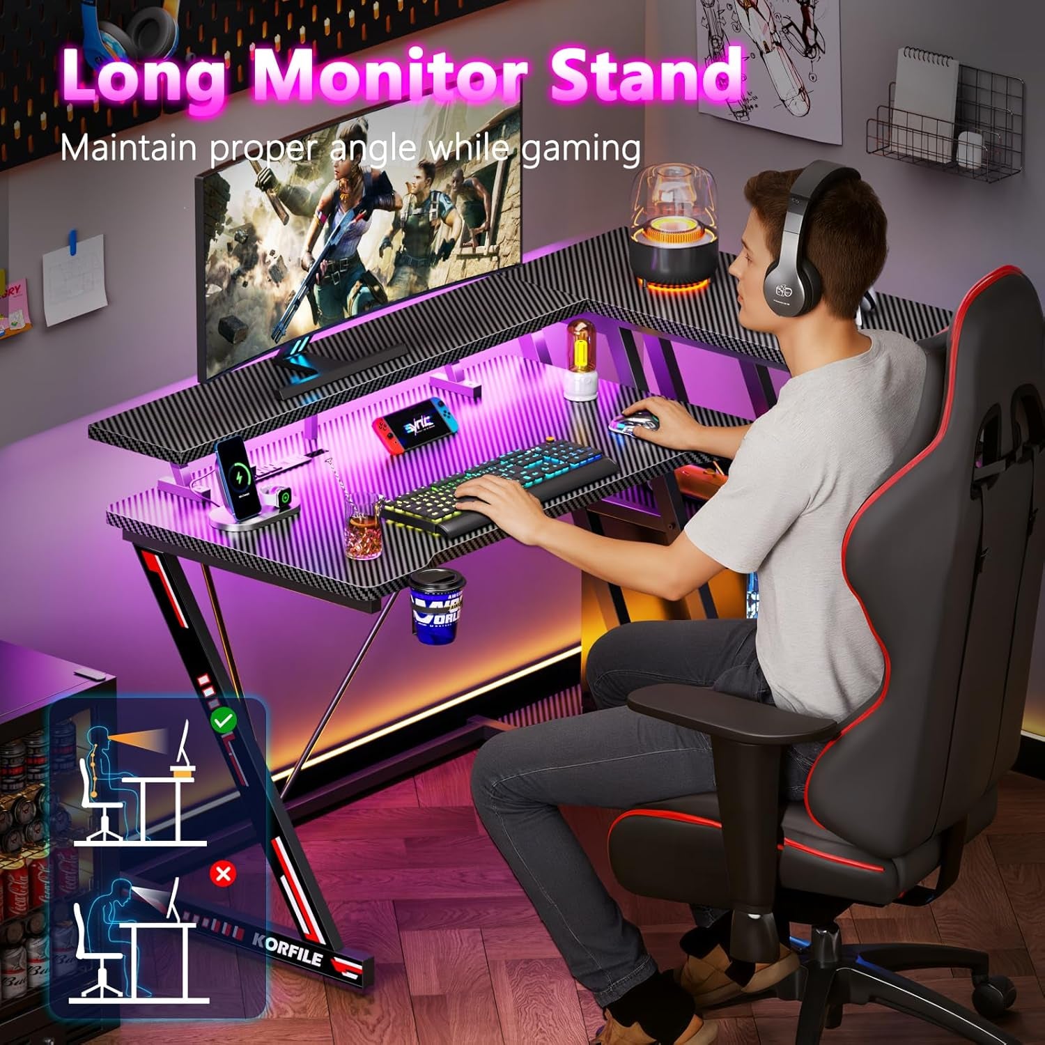 40 Inch Gaming Desk with Power Outlet & LED Lights, L Shaped Computer Gaming Table with 3 Tiers Storage Shelves, Corner Gamer Desk with Monitor Stand for Small Space, Carbon Fiber Black