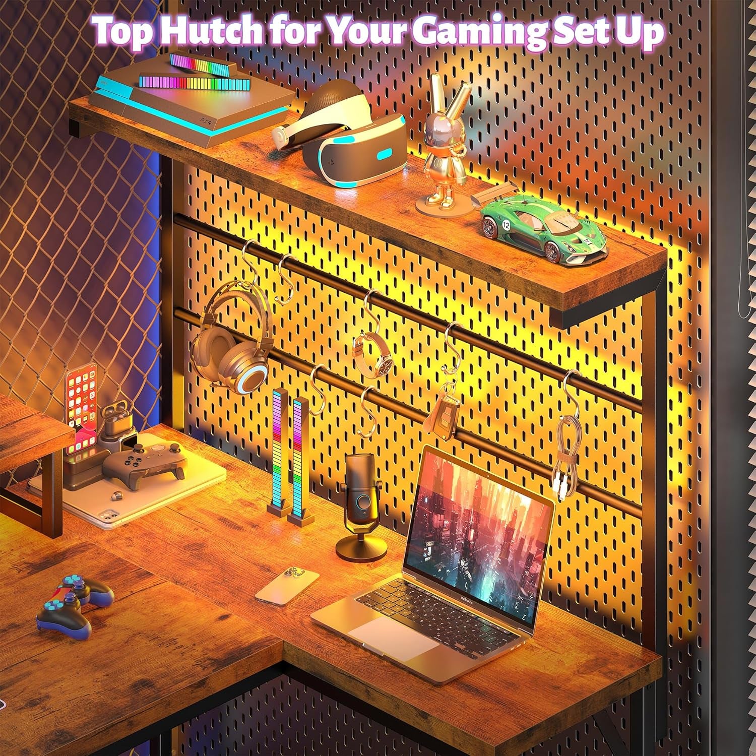 53 Inch Gaming Desk with Hutch & Drawer, Reversible L Shaped Computer Desk with Hooks & Monitor Stand, Table for Writing with LED Light & Power Outlet,Corner Desk for Office, Rustic Brown