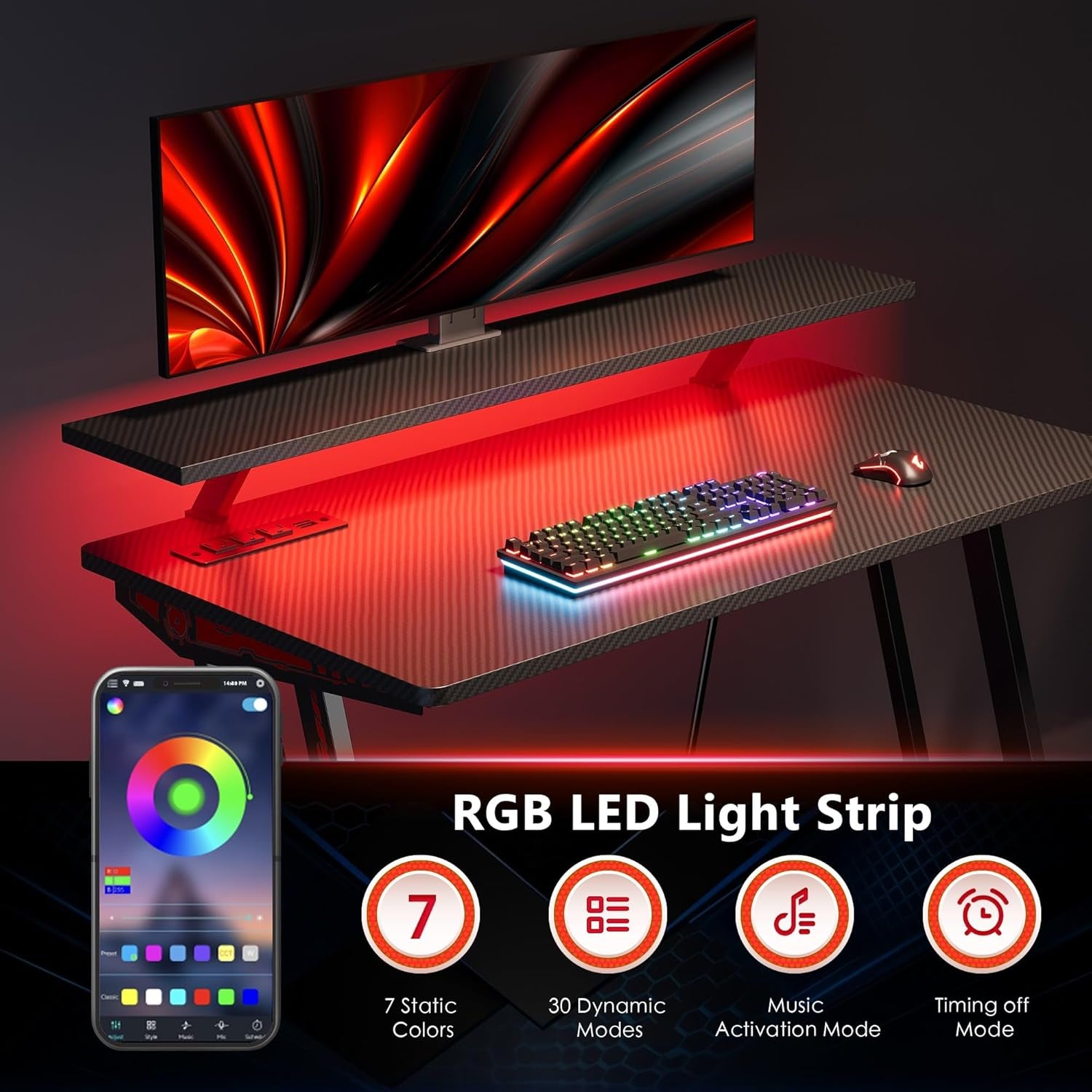 32-Inch Small RGB Gaming Desk with LED Lights & Power Outlets|Compact Gaming Table for PC Setup, Carbon Fiber Surface, Monitor Stand|Space-Saving Computer Desk for Esports & Streaming, Black